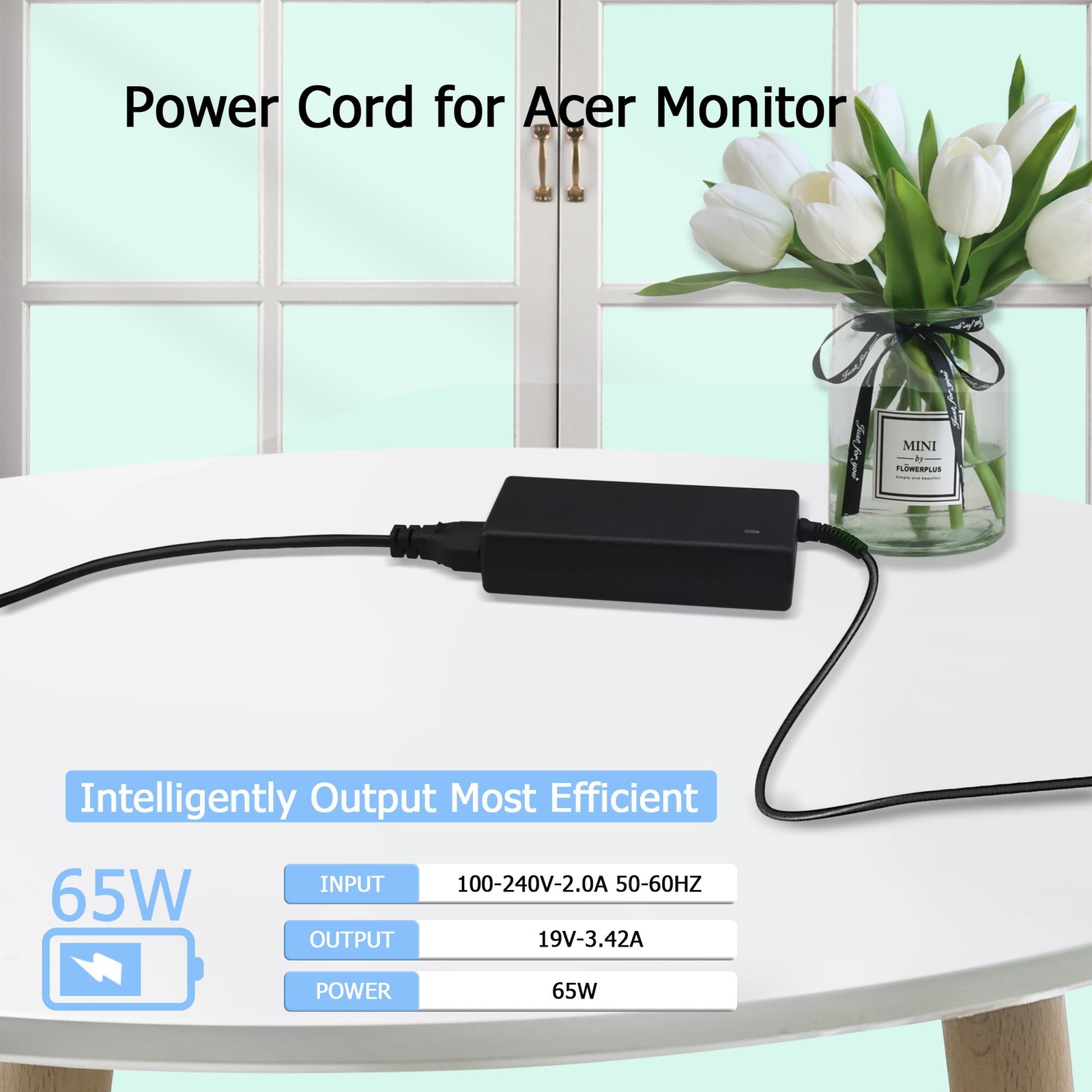 19V AC Power Cord for Acer Monitors R240HY SB220Q SA230 S231HL H236HL S202