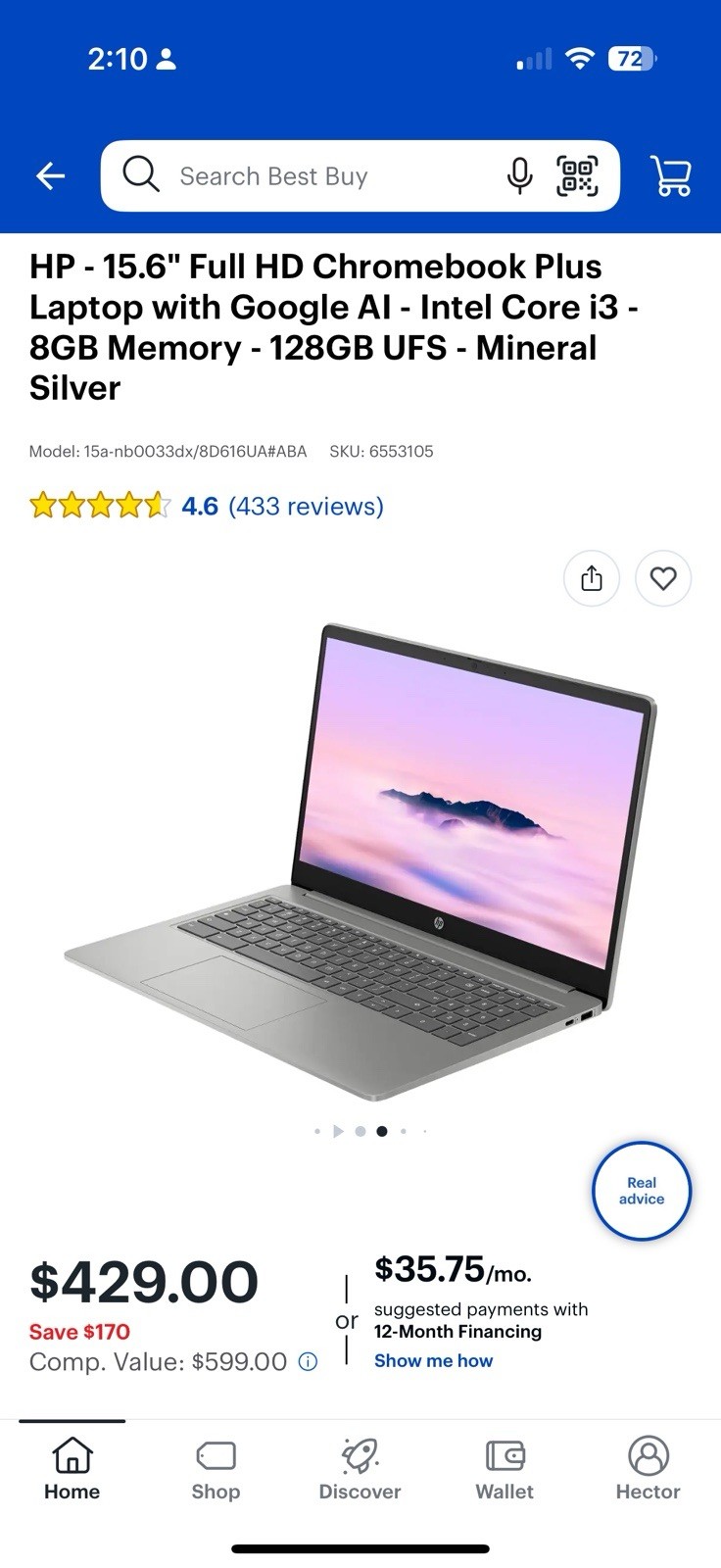 HP Chromebook 15a-nb0023dx 15.6″ (128GB UFS, Intel Core i3 N, 3.80GHz, 8GB)