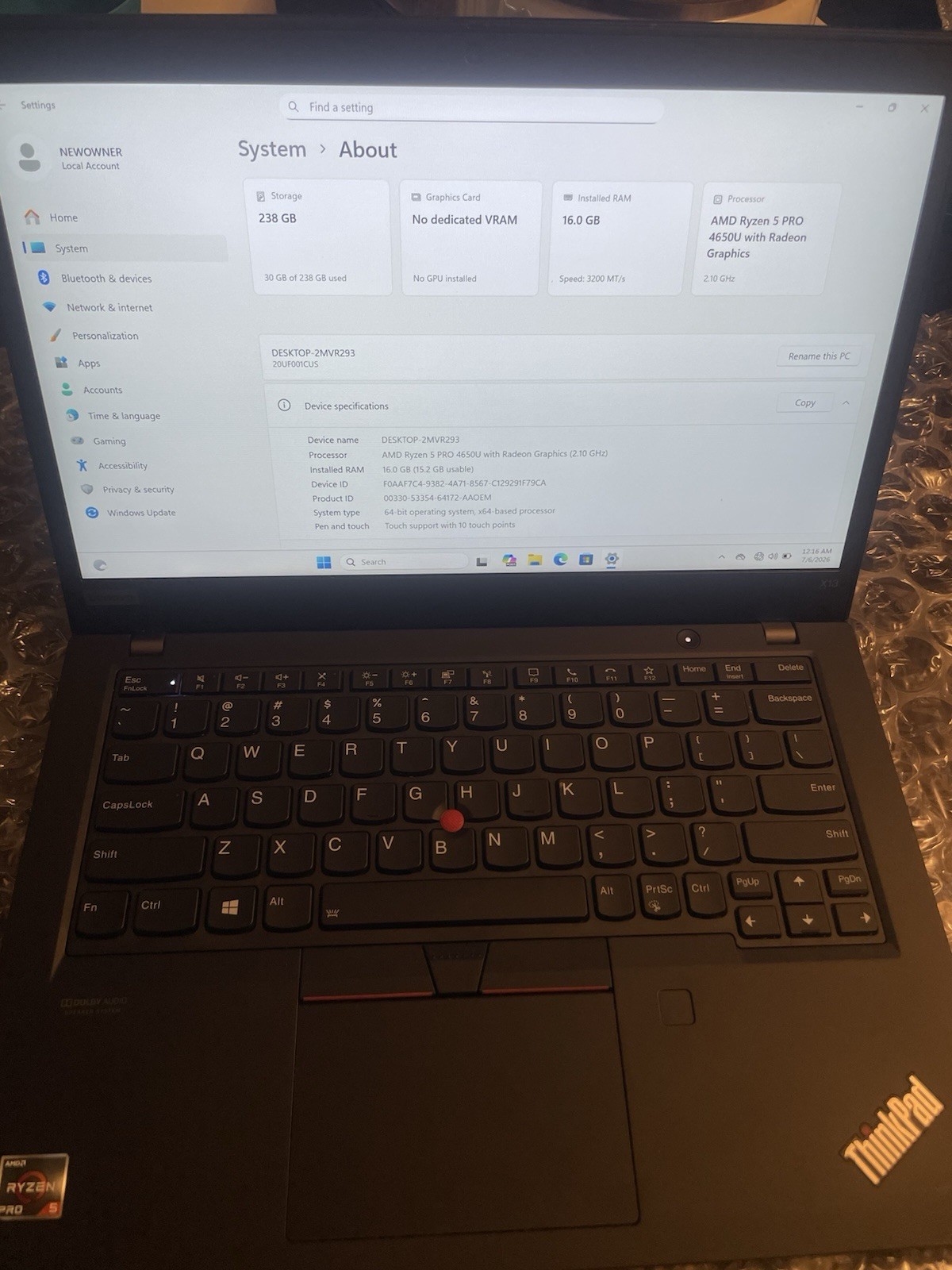 Lenovo Thinkpad X13 Gen 1 13.3 Amd Ryzen 5 Pro 4650U Amd Radeon Graphics 16GB