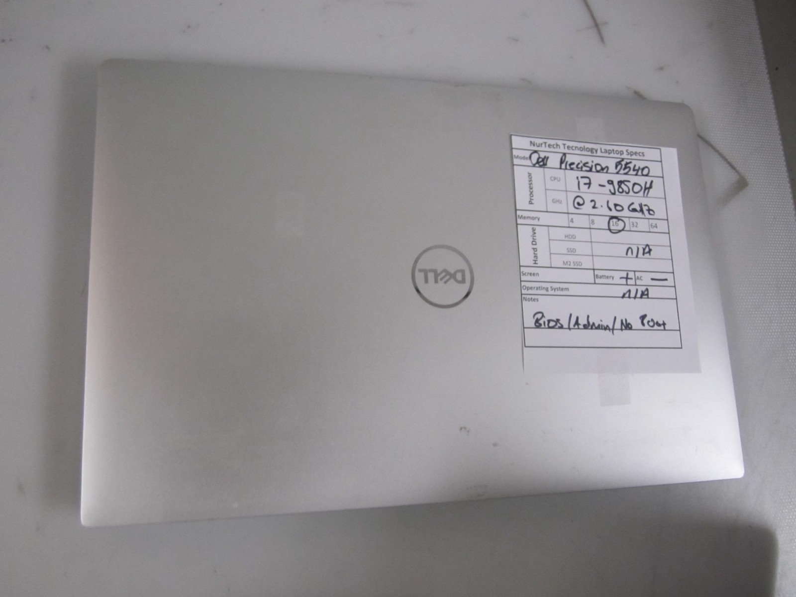 Dell Precision 5540 i7-9850H 16GB 2.60GHZ NO OS/HDD/AC LAPTOP BIOS