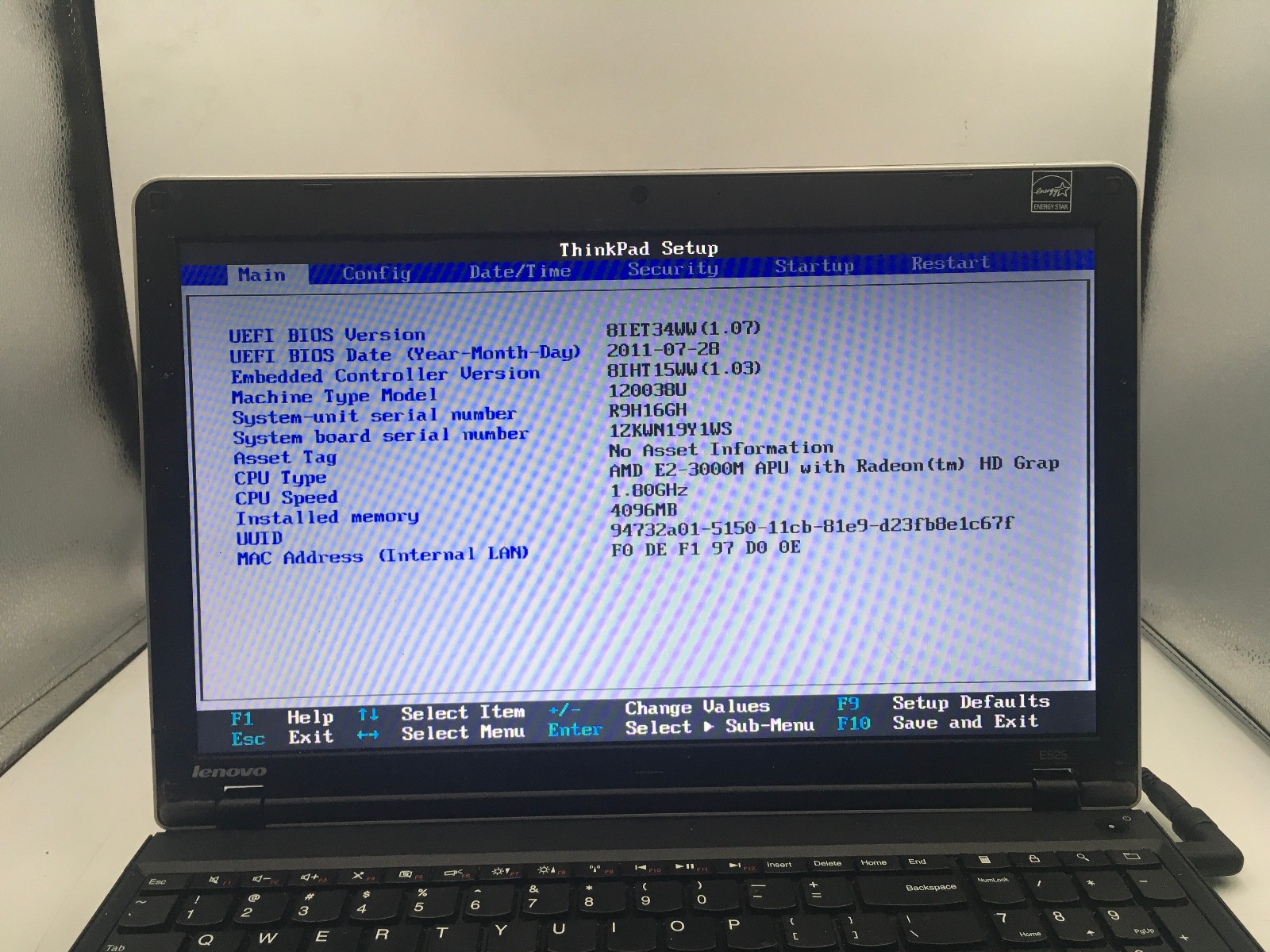 LENOVO THINKPAD E525 – BOOTS TO BIOS – AMD E2 3000M – 4GB RAM – 15″ – READ – BB!