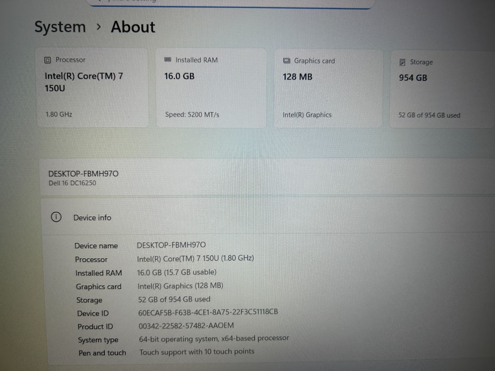 DELL 16 DC16250 MRYT3, Intel Core 7-150U, 1.80 GHz, 16 GB RAM, 1 TB NVMe SSD