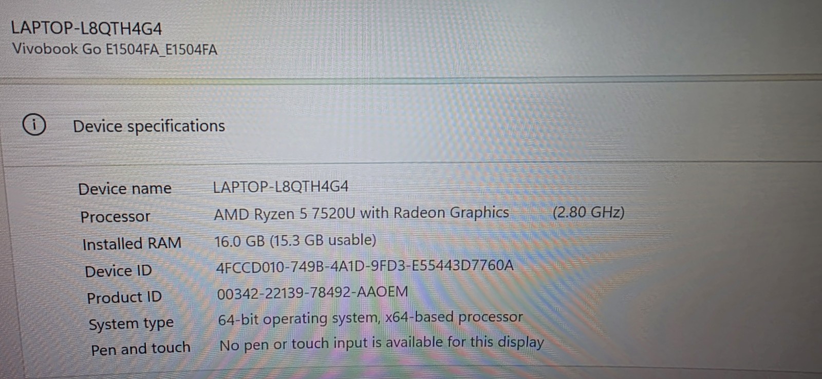 ASUS VivoBook GO 15 E1504FA-15.6in Ryzen 5 7520U 2.8GHz 16GB/512GB Win11