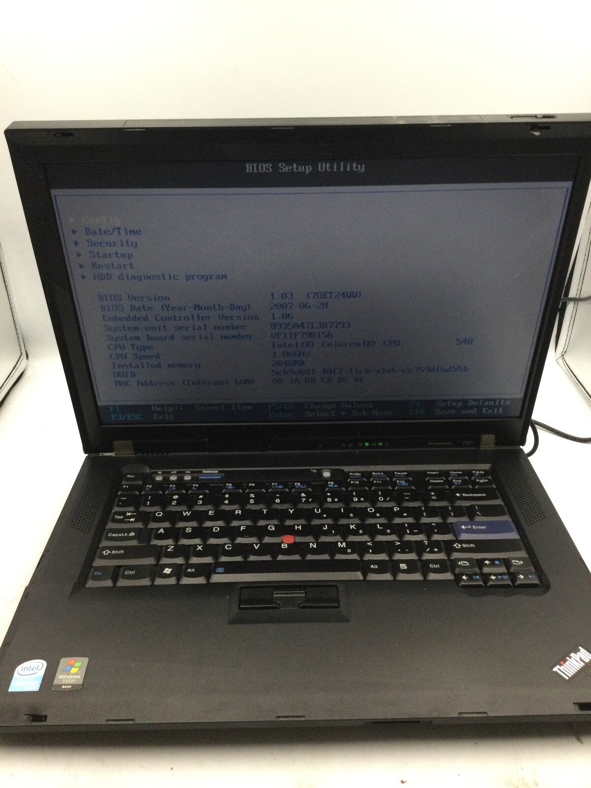 LENOVO THINKPAD R61 – BOOTS TO BIOS – INTEL CELERON – NO RAM – 16″ – READ – BB!