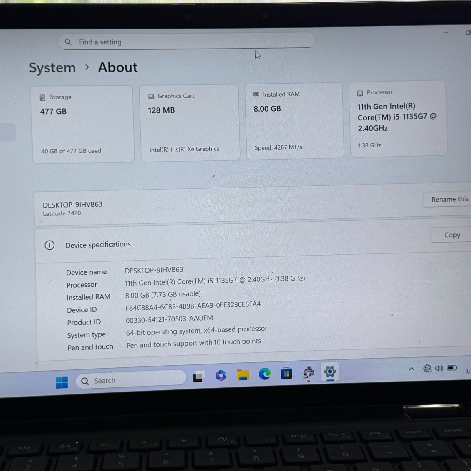 Dell Latitude 7420 i5-1135G7 Touch 8GB RAM 512GB SSD Win 11 Pro Battery 45%