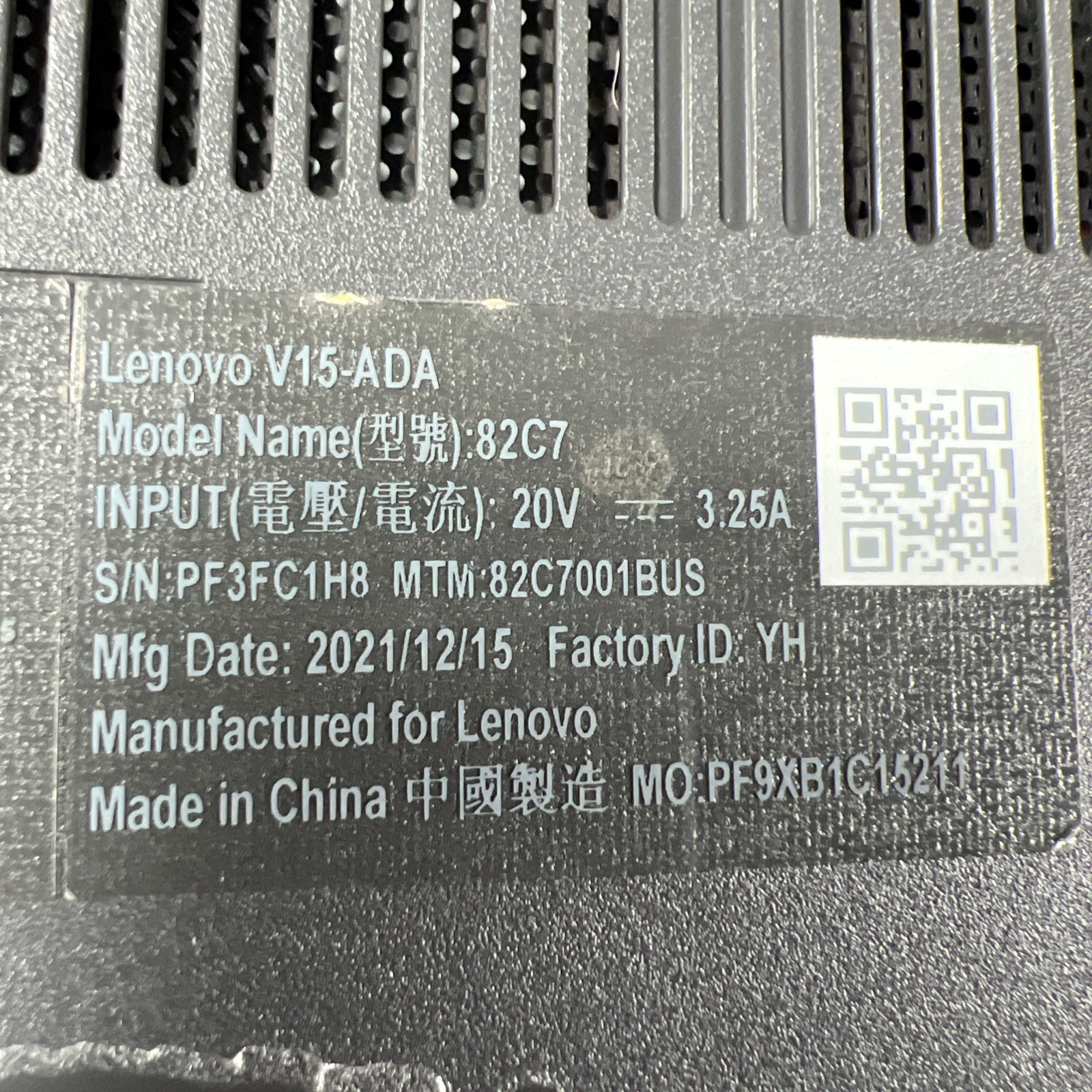 LENOVO V15-ADA AMD ATHLON GOLD 3150U 8GB RAM **NO HD/ NO CADDIE/ NO OS