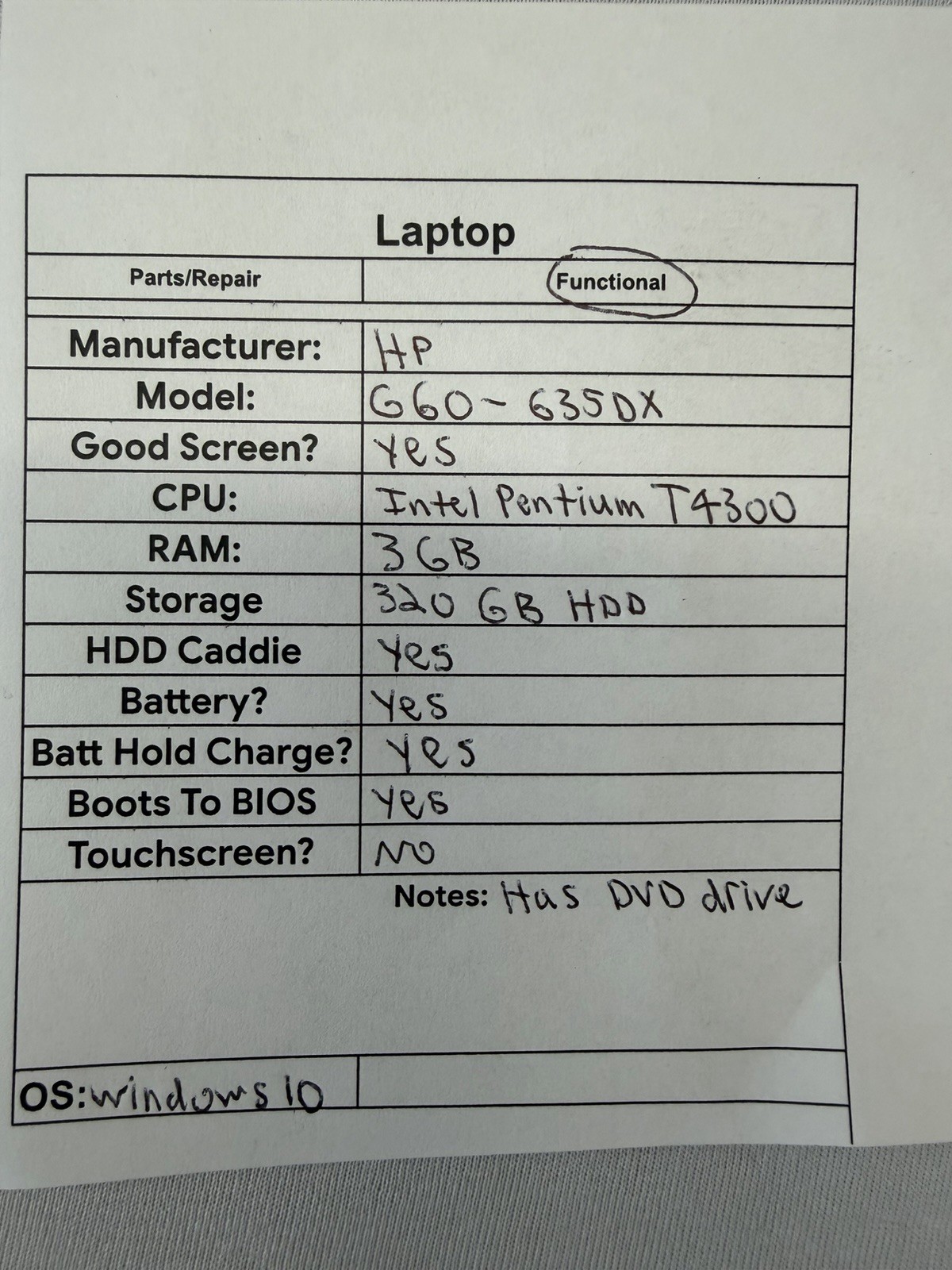 HP G60-635DX Laptop – Good Screen – Intel Pentium T4300 – Read Des