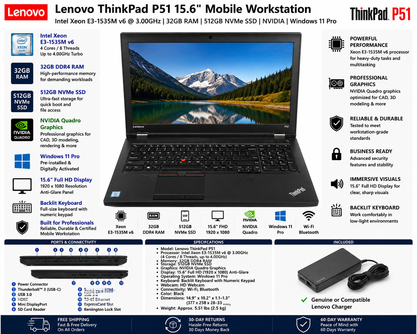 Lenovo ThinkPad P51 15.6″ Xeon E3-1535M v6 32GB RAM 512GB NVMe SSD Win11 Pro