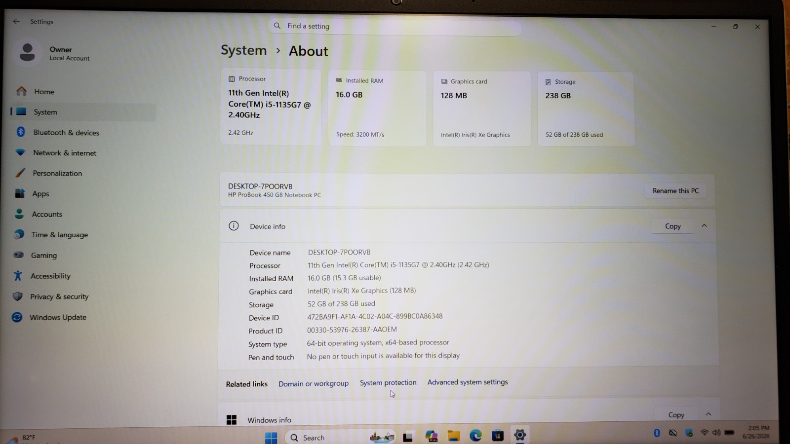 HP ProBook 450 G8 15.6″, Intel Core i5 11th Gen 2.40 GHz, 16GB RAM, 256GB NVME