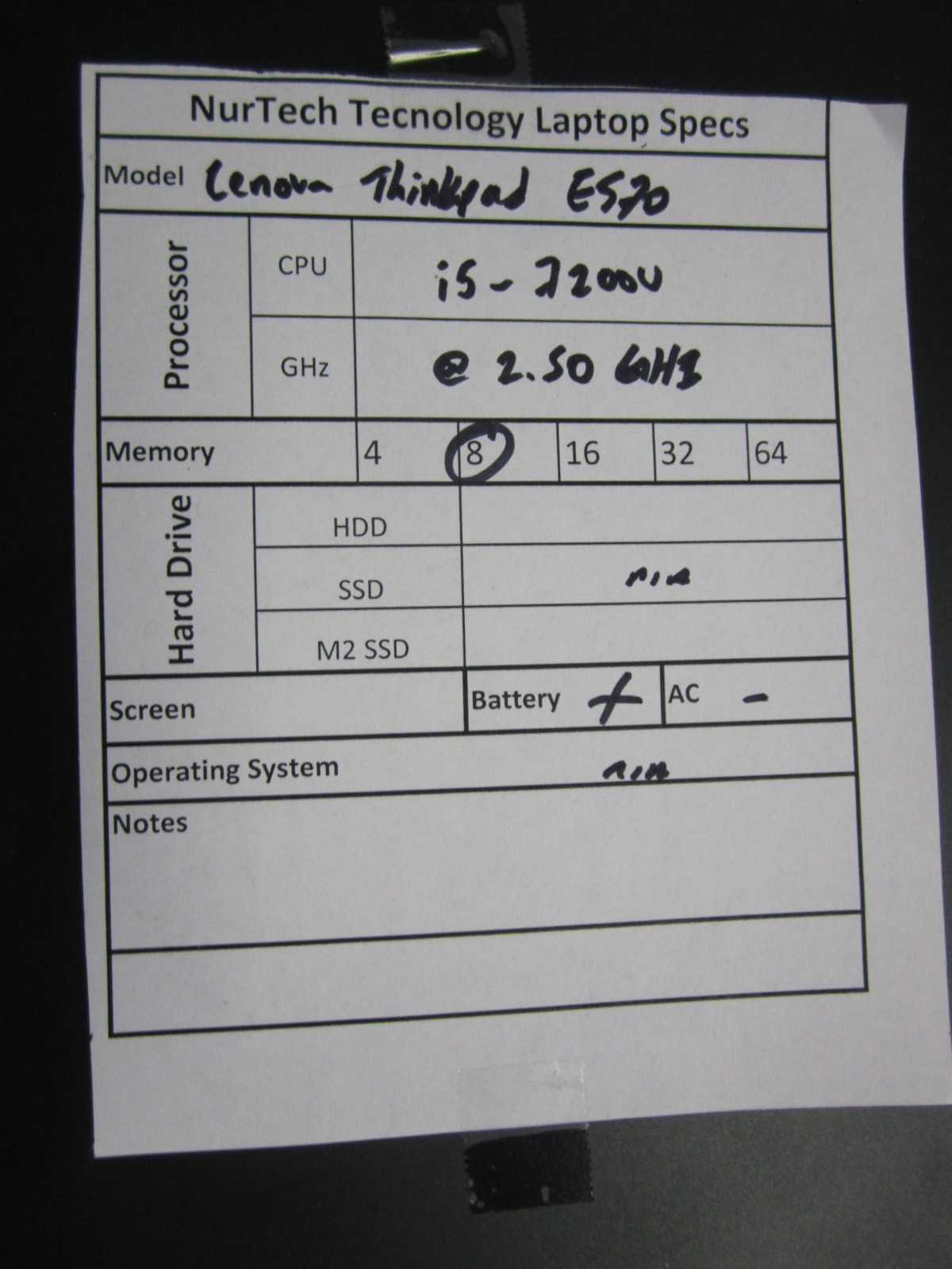 Lenovo ThinkPad E570 i5 7200U 2.50GHZ 8GB NO HDD/AC/OS LAPTOP