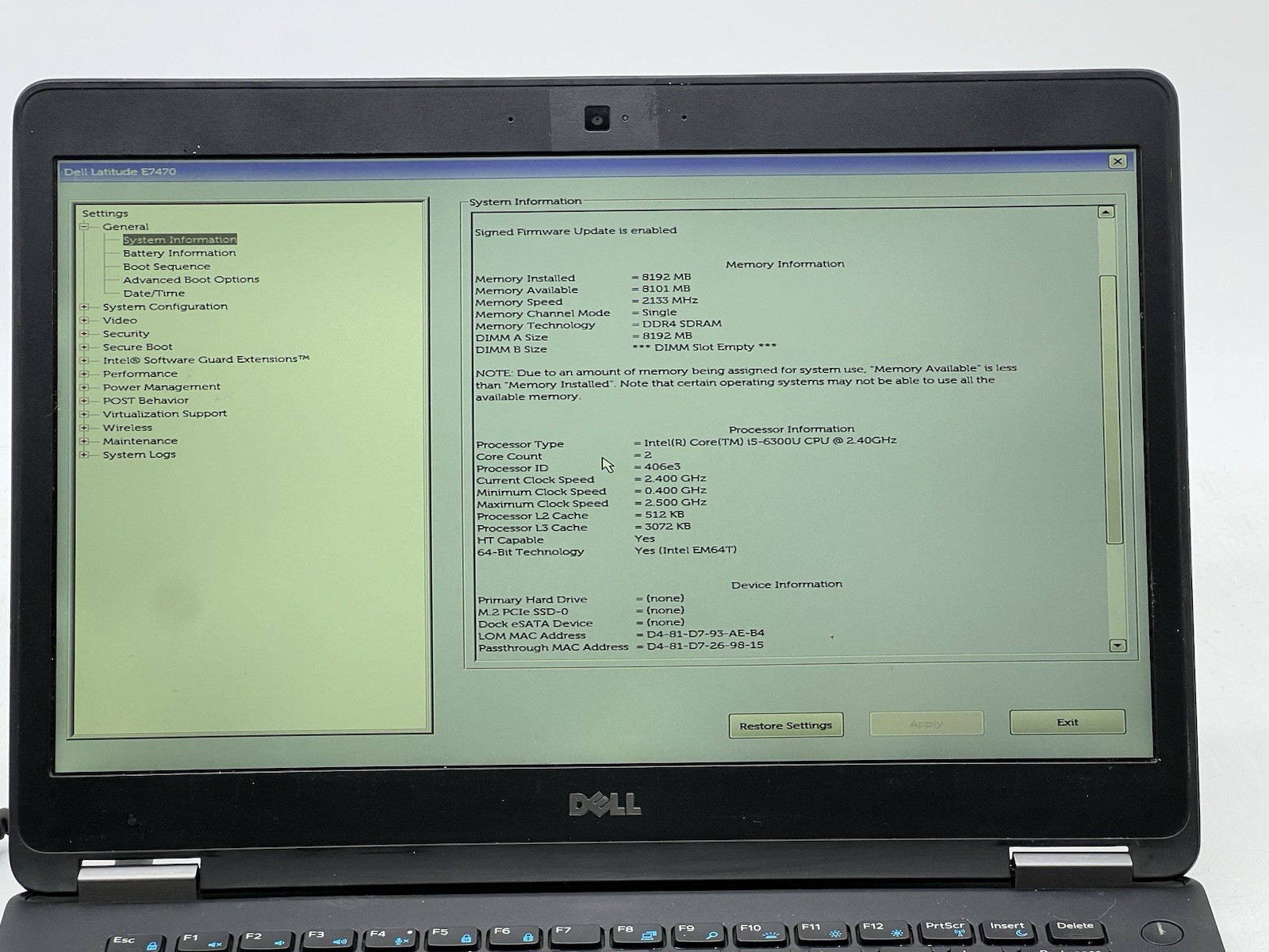 Dell Latitude E7470, i5-6300U CPU @ 2.40GHz, 8GB RAM-No Batt/HDD/OS, w/Charger