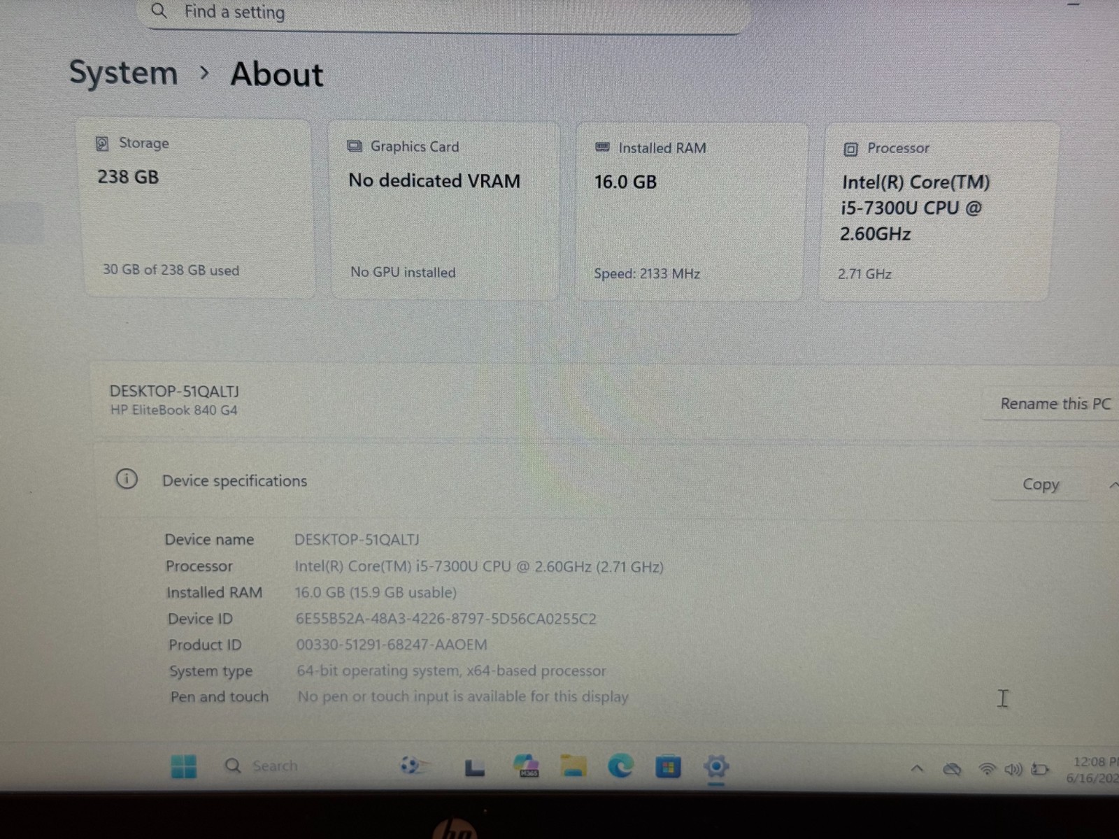 HP EliteBook 840 G4 16GB RAM, i5-7300U, 2.60GHz, 256GB SSD Windows 11