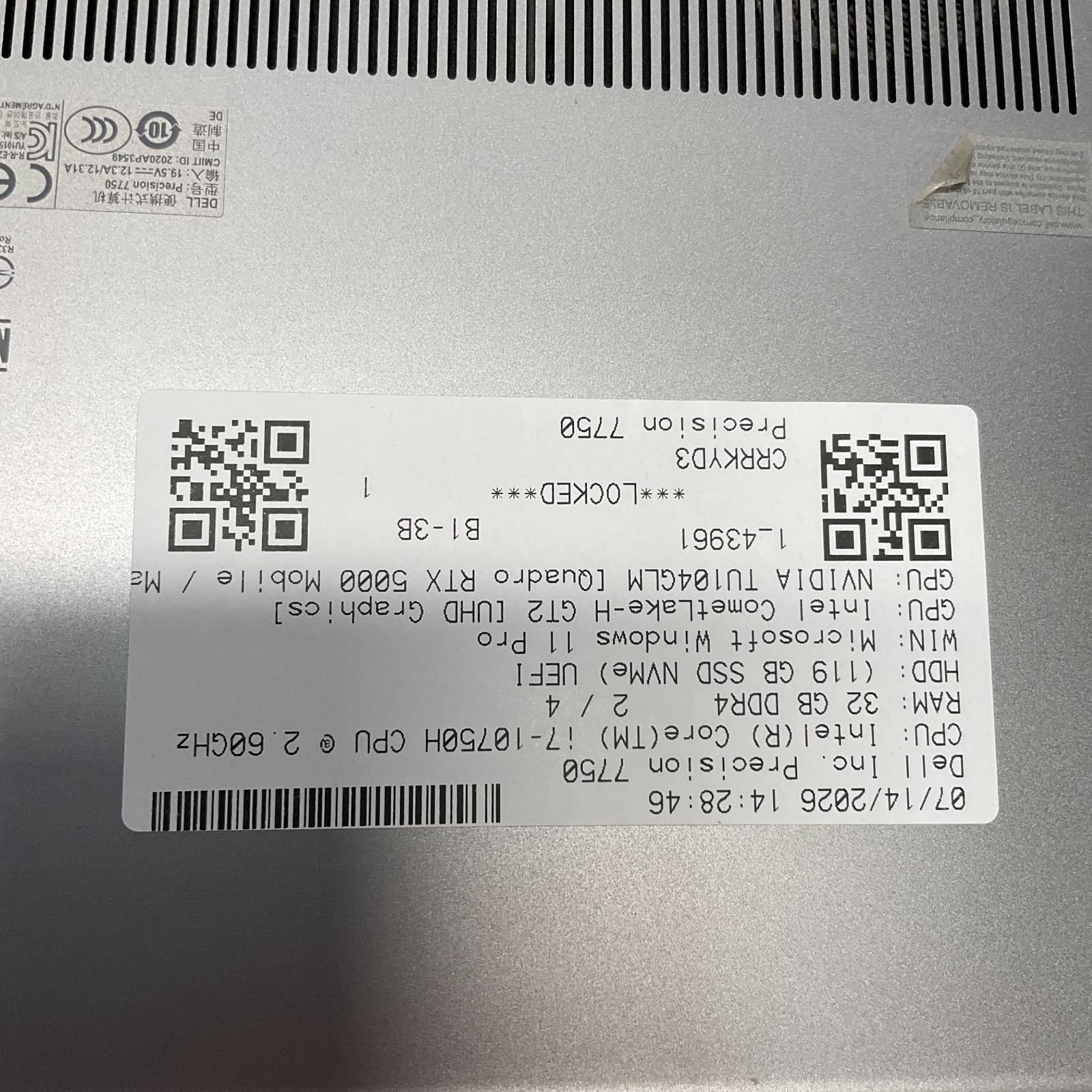 Dell Precision 7750 17.3 FHD i7-10750H 2.60GHz 32GB 128GB Quadro RTX 5000 BIOS