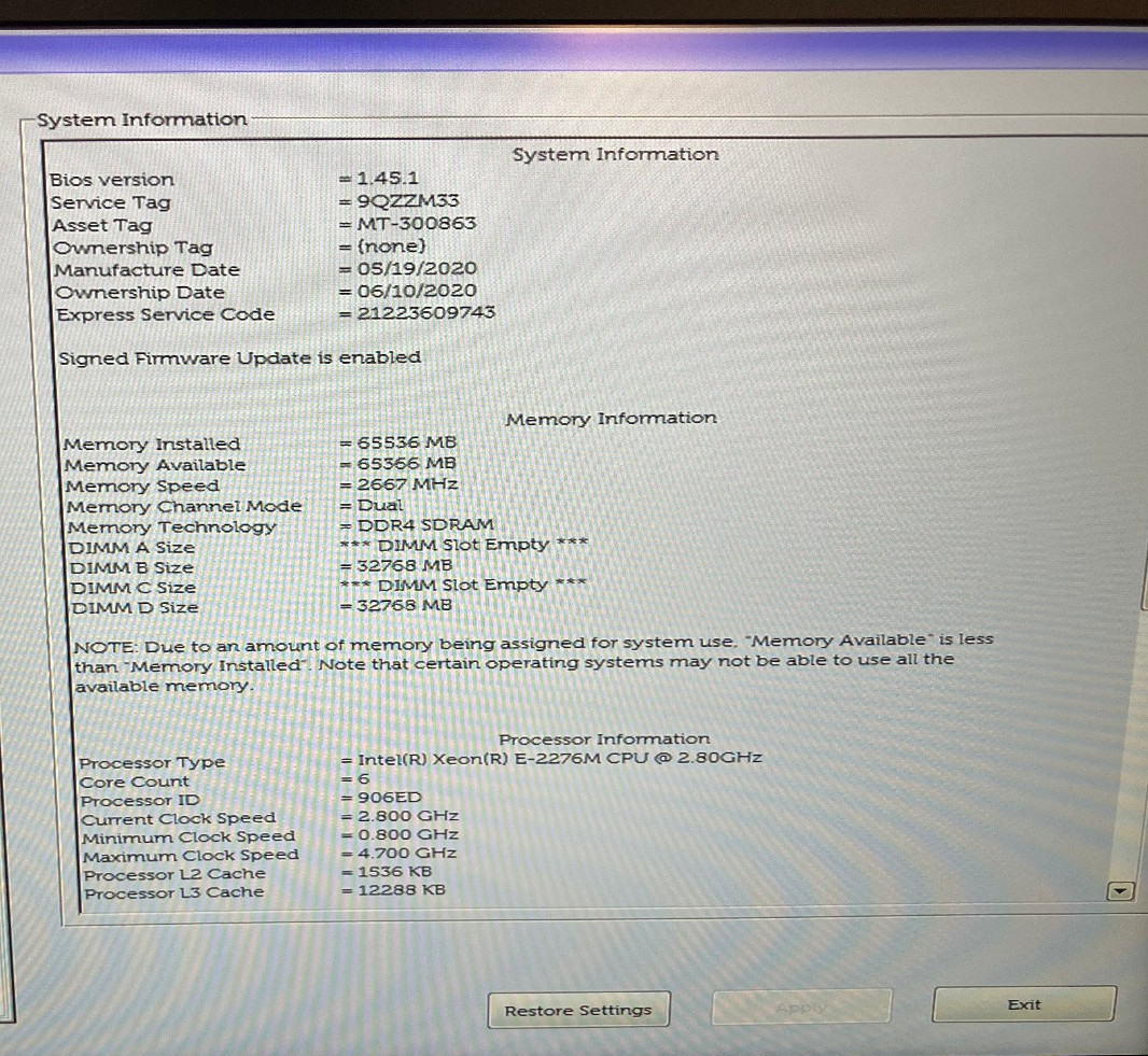 Dell Precision 7540 NVIDIA Q. RTX 3000 6GB 2.8GHz Intel Xeon E-2276M 64GB 1TB