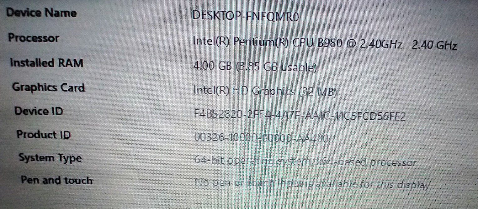 LENOVO G580 INTEL Pentium CPU B980 @ 2.40GHZ / 500GB HDD 4GB DDR Ram