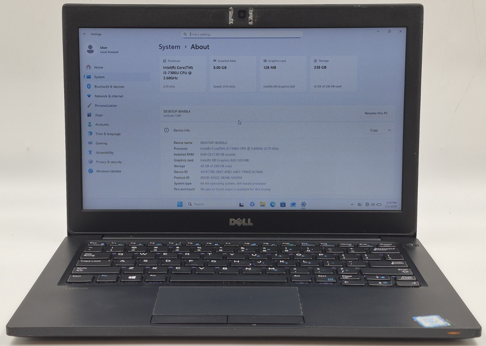 Dell Latitude 7280 Laptop i5-7300U 2.60GHz 8GB RAM 256GB NVMe Win 11 Pro