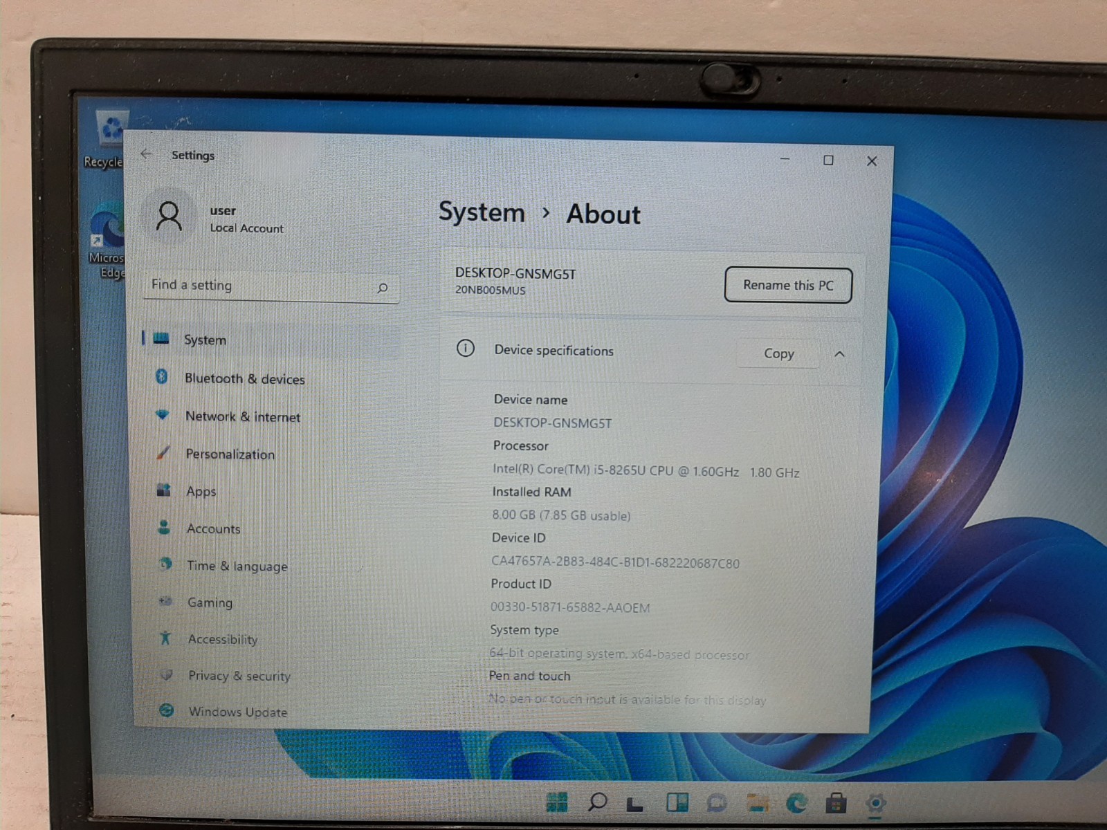 Lenovo ThinkPad E590 i5-8265U 1.60GHz 8GB RAM 256GB SSD Win11 #97