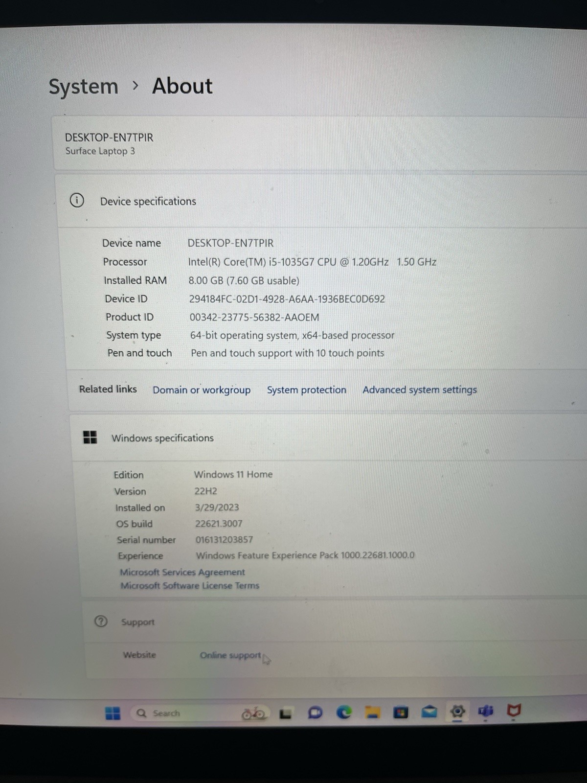 MICROSOFT SURFACE LAPTOP 3 1867 13.5″ I5-1035G7 8GB RAM 256GB