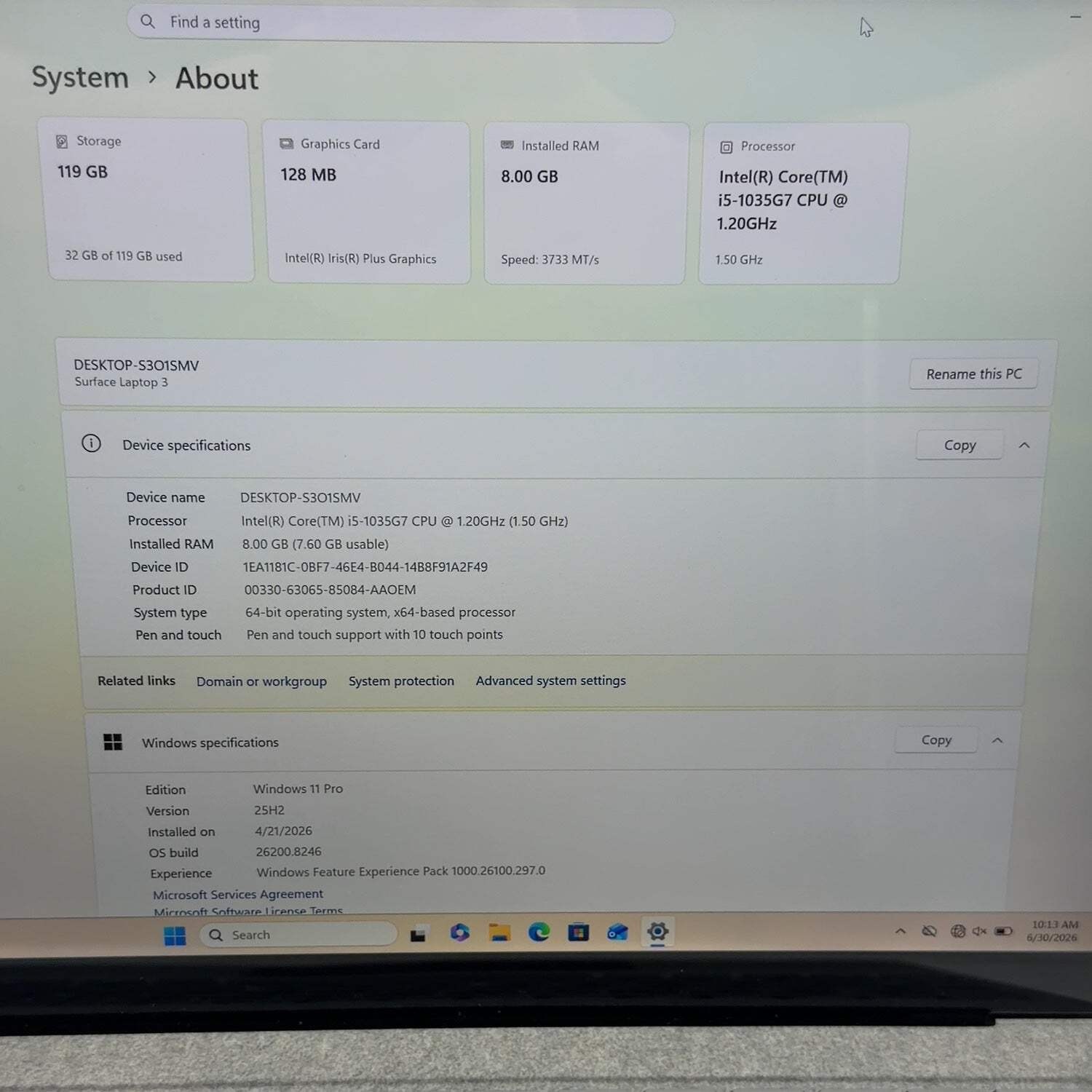 Microsoft Surface Laptop 3 1867 13.5″ i5-1035G7 1.5GHz 8GB RAM 128GB SSD