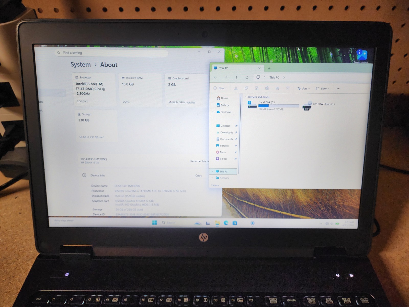 HP ZBook 15 G2 i7-4710MQ 2.5GHz 16GB RAM 256GB SSD Win 11 Pro Quadro K1100M