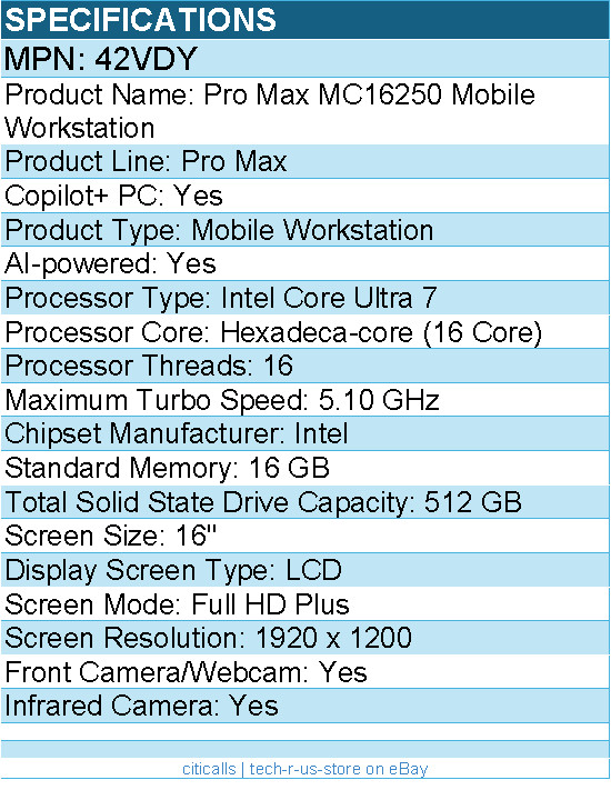 Dell 42VDY Pro Max MC16250 16″ Copilot+ PC Mobile Workstation – Intel Core Ultra