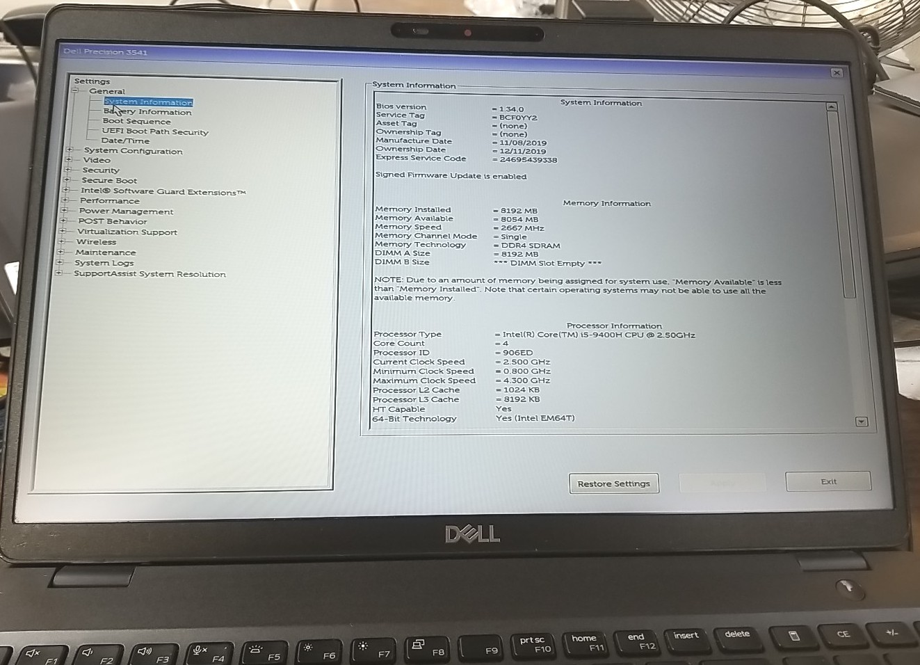 Dell Precision 3541 Laptop 15.6″ – Intel Core i5-9400H – 8 GB Ram- No SSD Read⬇️