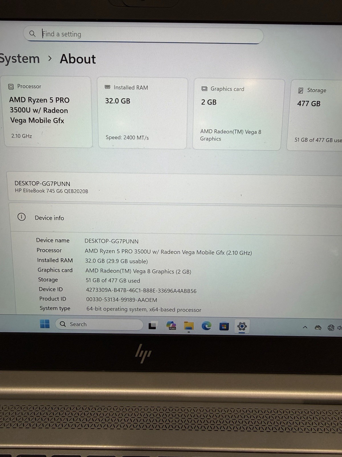 HP Elitebook 745 G6 Laptop 14″ AMD Ryzen Pro 2.1Ghz 32GB RAM 512GB SSD W11 Pro