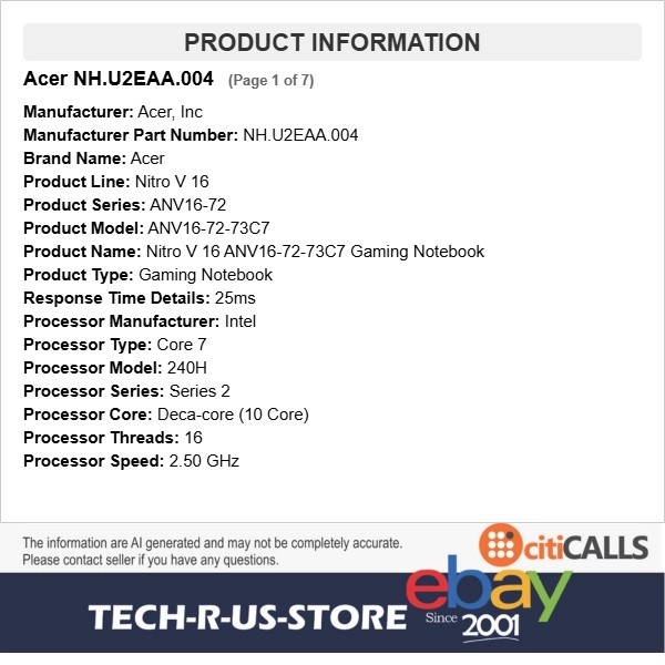 Acer NH.U2EAA.004 Nitro V 16 Gaming Laptop 16″ 180Hz Core 7 240H 32GB 512G RTX