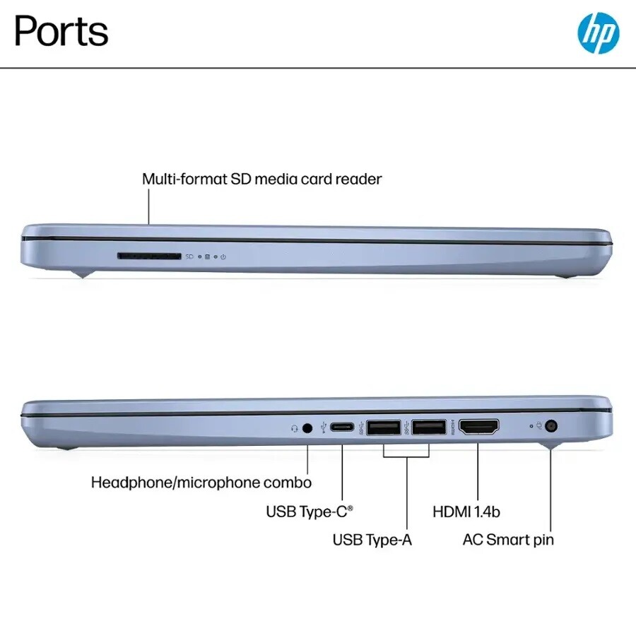 HP 14-DQ6012DX Laptop 14″ HD LED Intel(R)-N150 UP TO 16GB -384GB UFS | Sky Blue