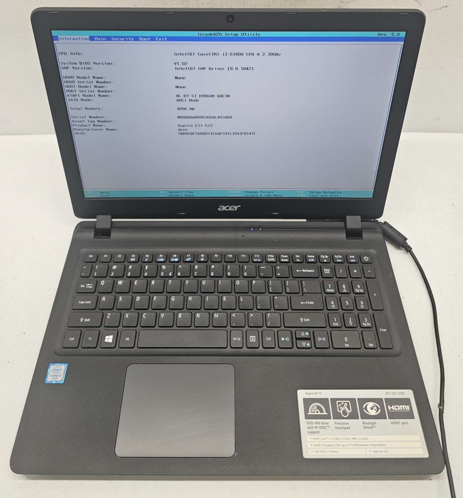 Acer Aspire ES 15 ES1-572-37X2 Laptop Intel Core i3-6100U 4GB Ram NO HD/OS (FL)
