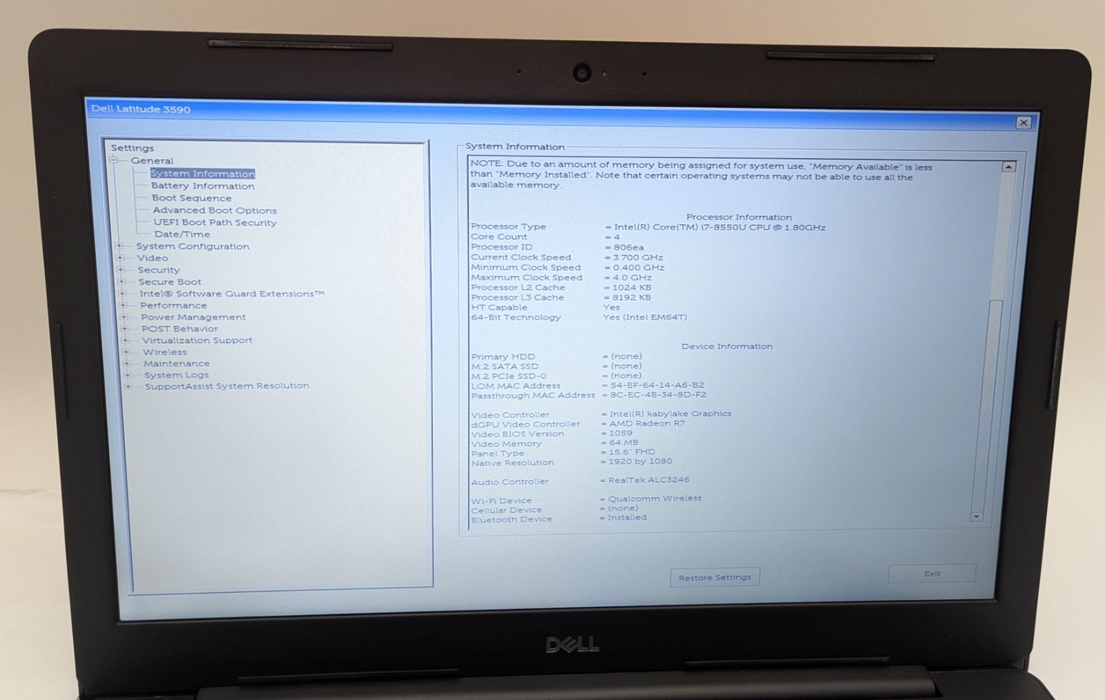 Incomplete Dell Latitude 3590 15.6″ Laptop i7-8550U 1.80GHz 8GB RAM Radeon R7
