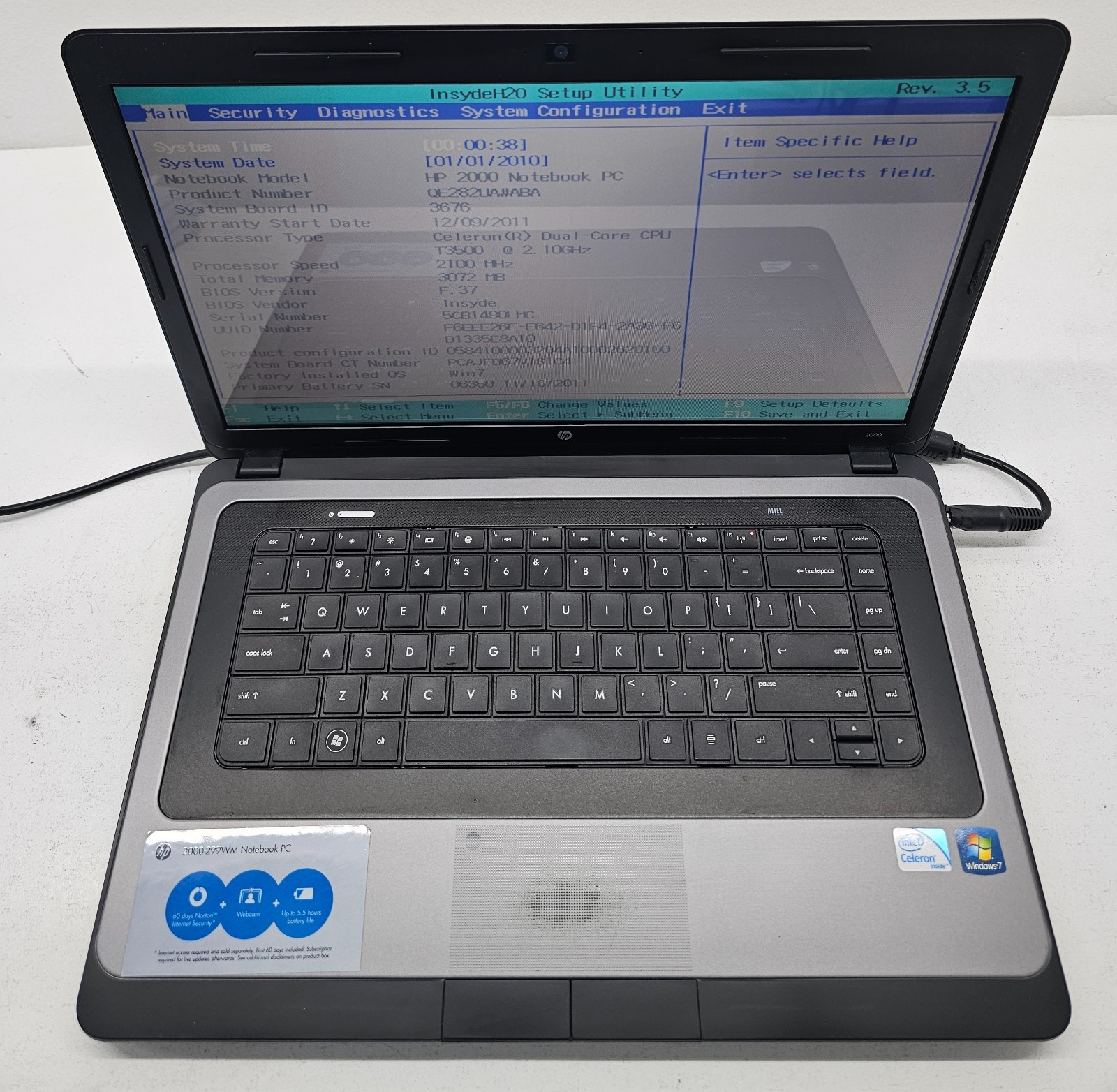HP 2000-299WM 15.6″ Laptop Intel Celeron Dual Core T3500 3GB Ram NO HD/OS (FL)