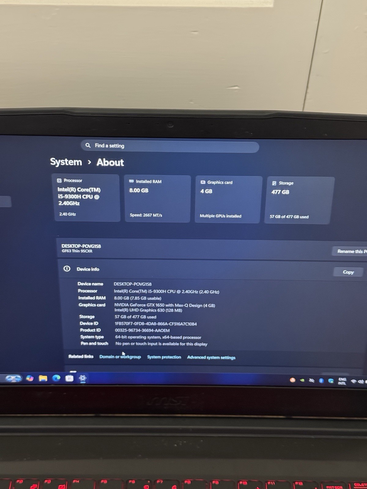 MSI Thin GF63 15.6 Black FHD i5-9300H 2.40GHz 8GB 512GB SSD GTX 1650 Max-Q Good
