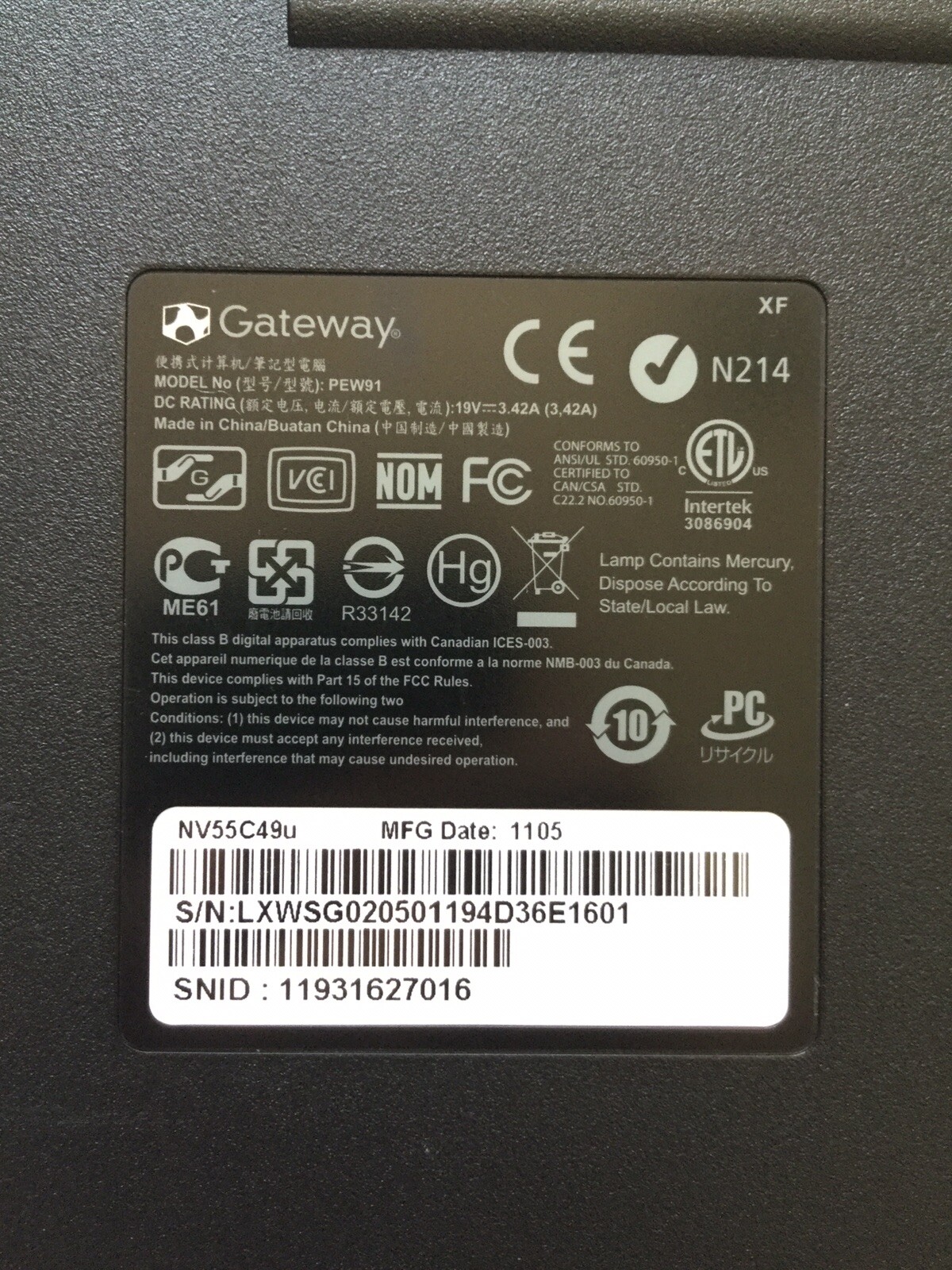 Gateway Laptop Intel Core Inside With Toshiba AC/DC Adaptor Charging Cord