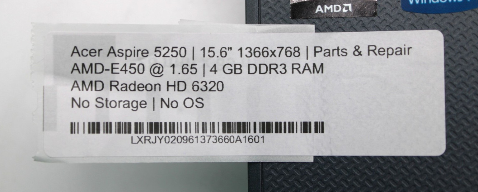 Acer Aspire 5250 AMD E450@1.65GHz 4GB DDR3 NO STORAGE/OS *PARTS/REPAIR*