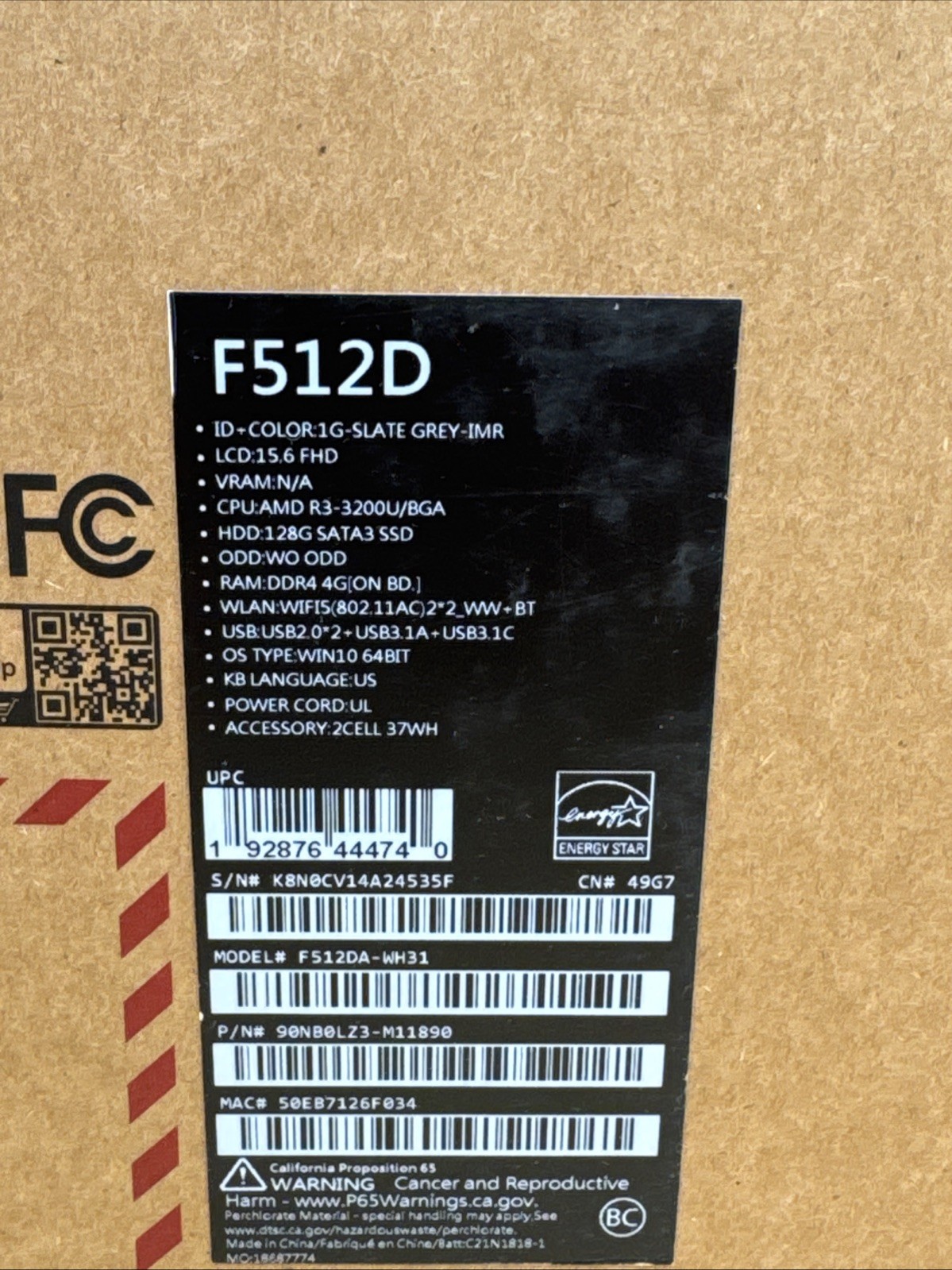 Asus VivoBook 15.6” FHD Laptop AMD Ryzen 3 3200U 4GB 128GB F512DA-WH31 *NEW*