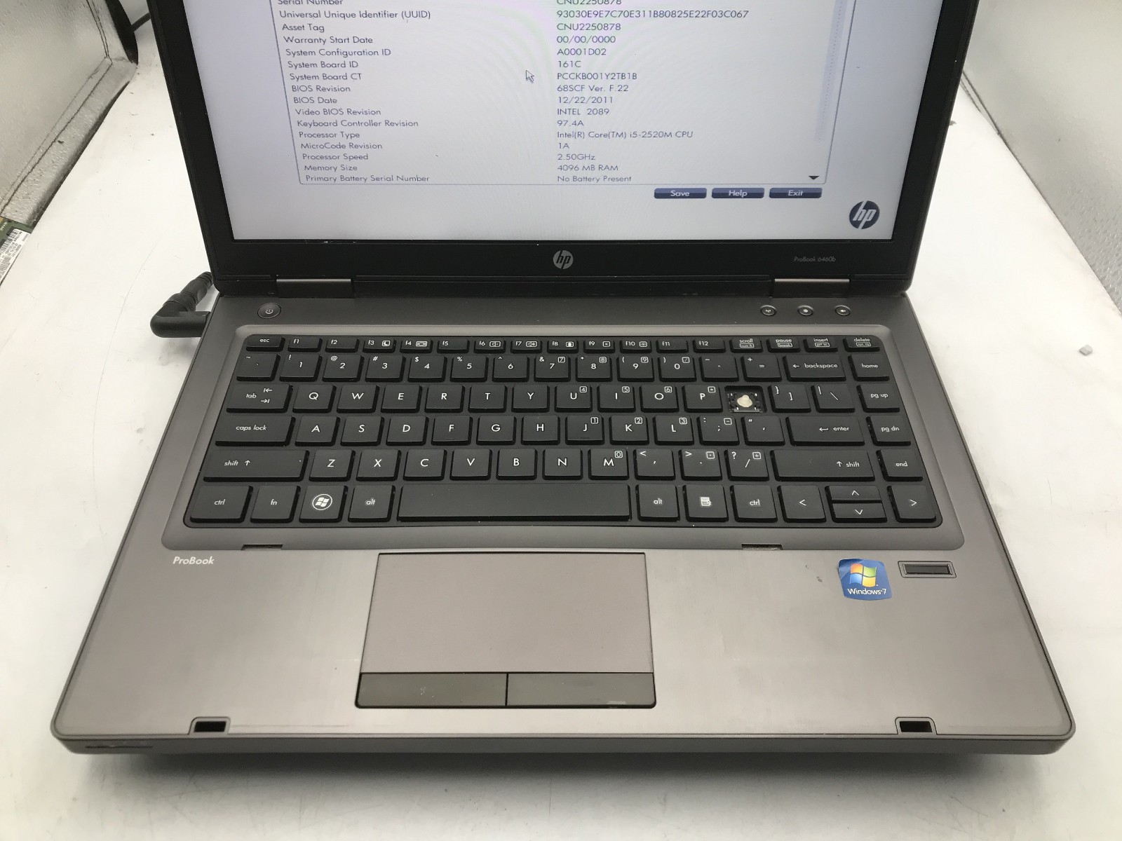 HP PROBOOK 6460B – BOOTS TO BIOS – INTEL I5 2520M – 4GB RAM – RREAD DESCRIP – BB