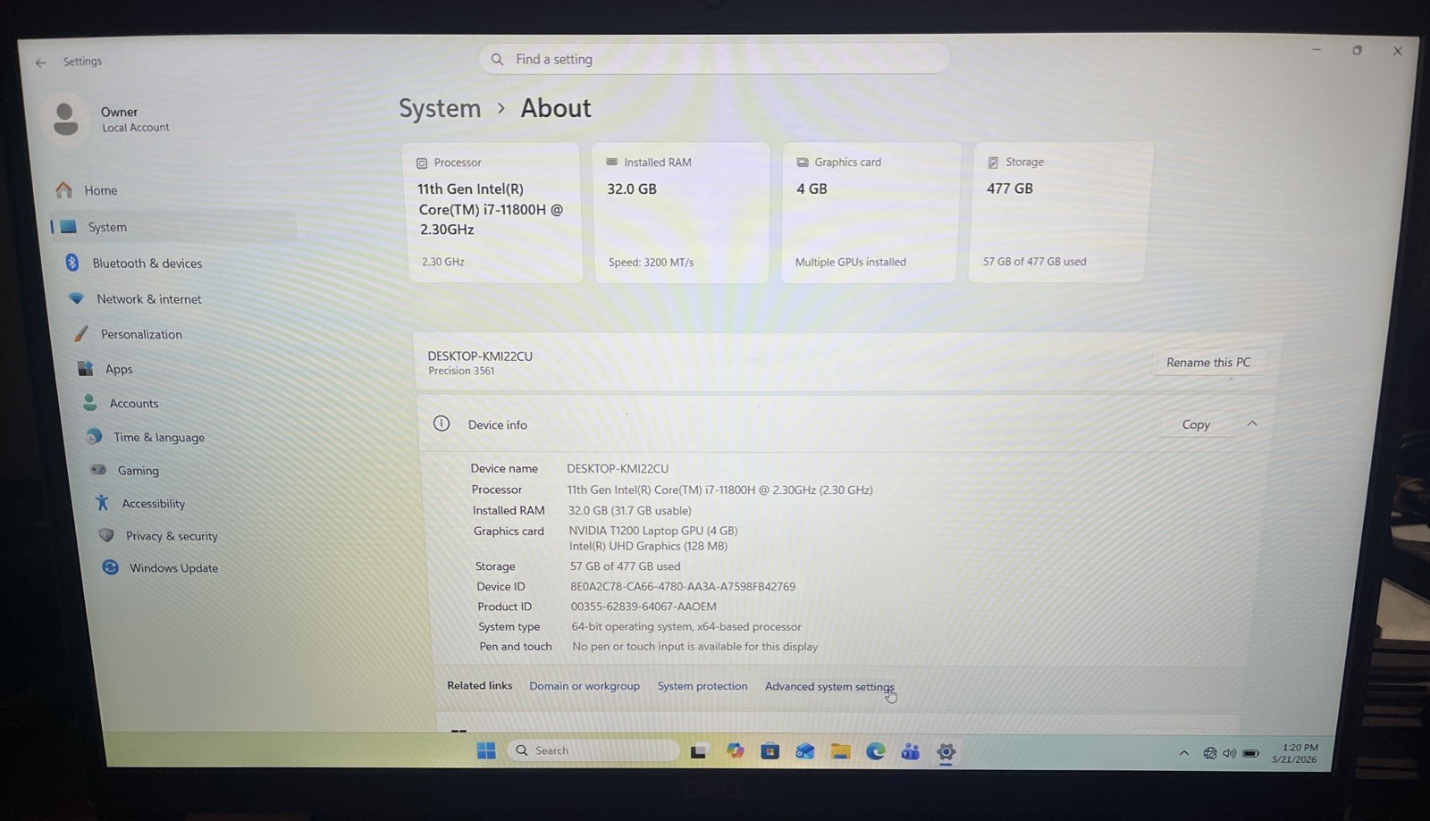 Dell Precision 3561 15.6″ i7-11800H@2.5GHz, 32GB RAM, 512GB M2, W11P *READ