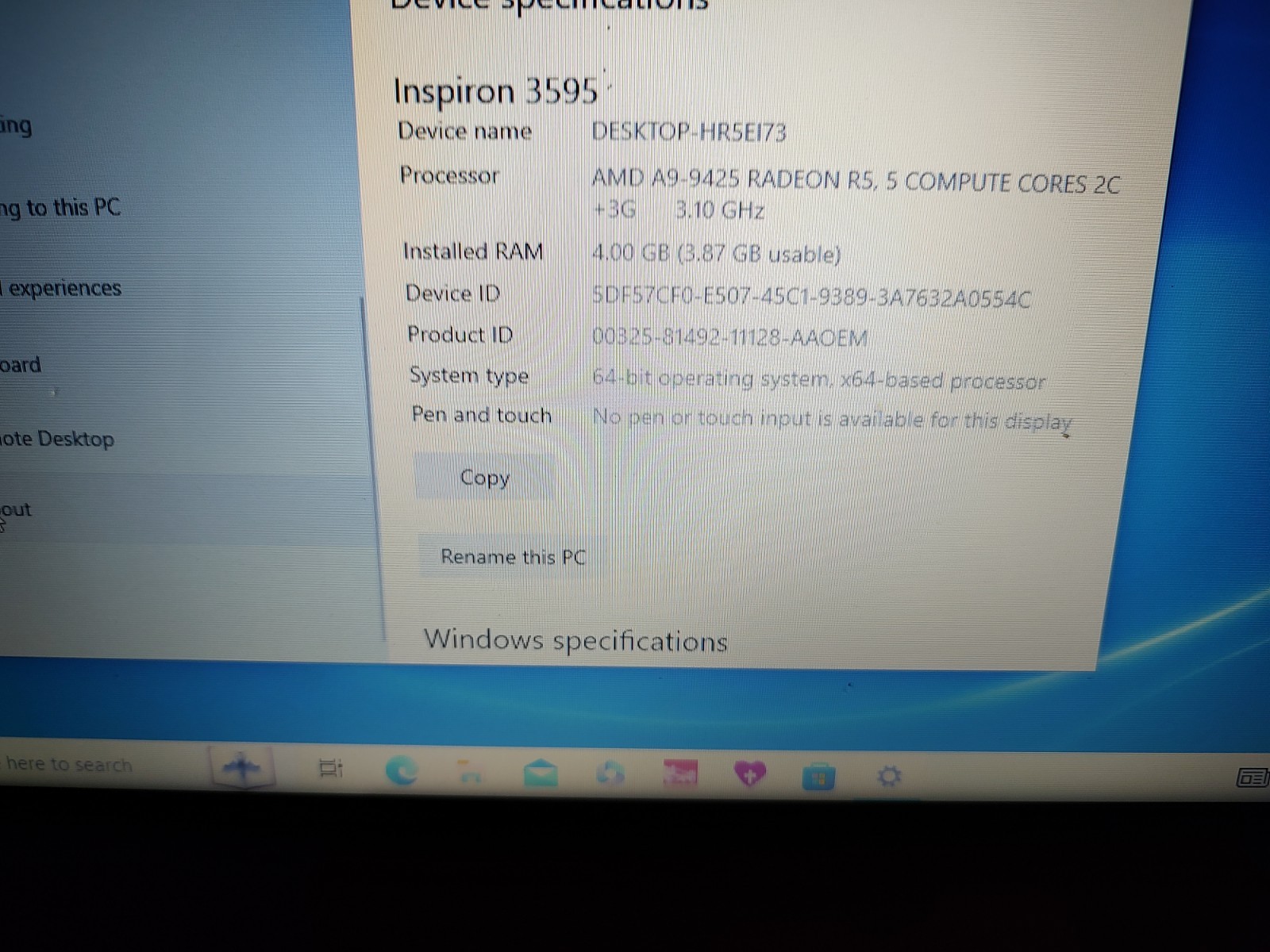 Dell Inspiron 3595 15.6in 500 GB HD 4 GB RAM AMD A6-9225 Windows 10 Home