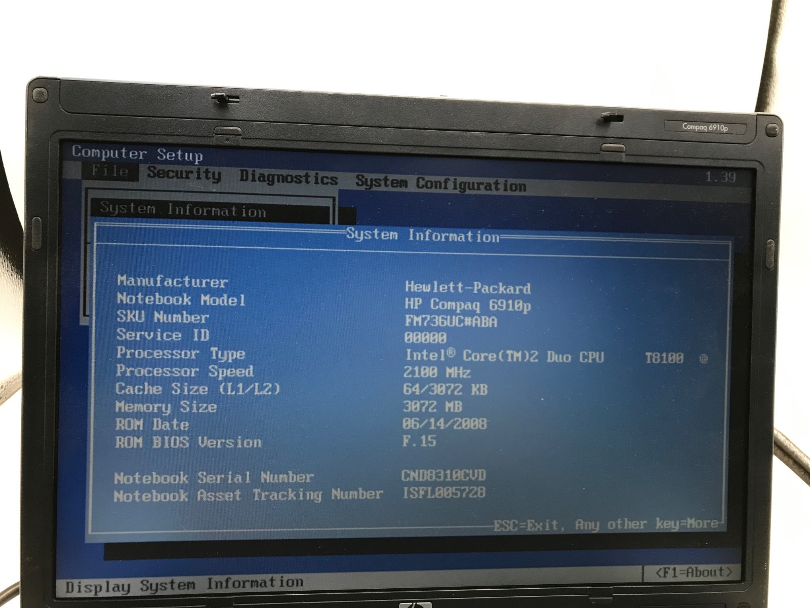 HP Compaq 6910p Intel Core 2 Duo 2.1GHz 14″ NO HDD-BOOTS BIOS-MZ