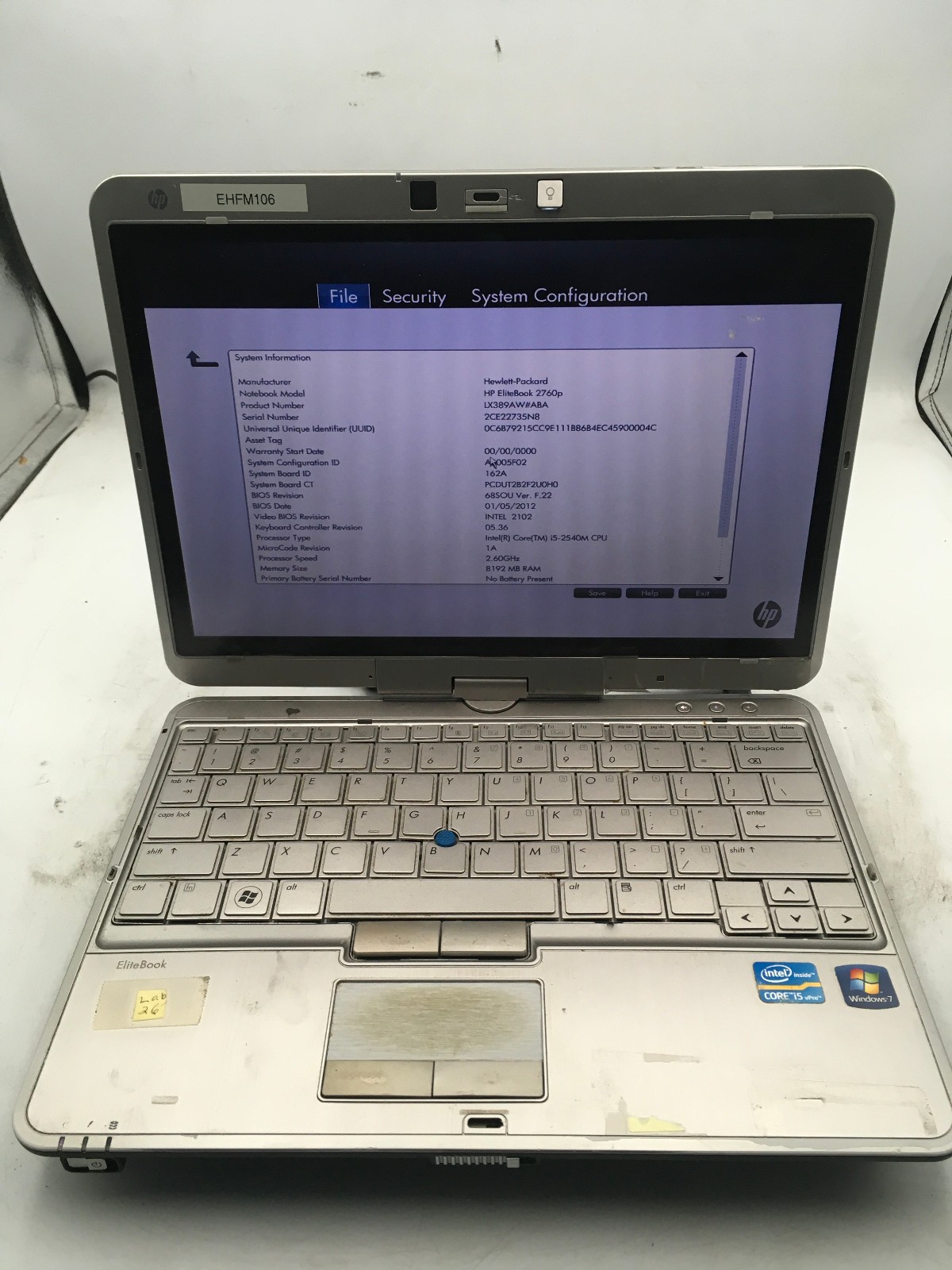 HP ELITEBOOK 2760P – BOOTS TO BIOS – INTEL I5 2540M – NO RAM – READ DESCRIP – BB