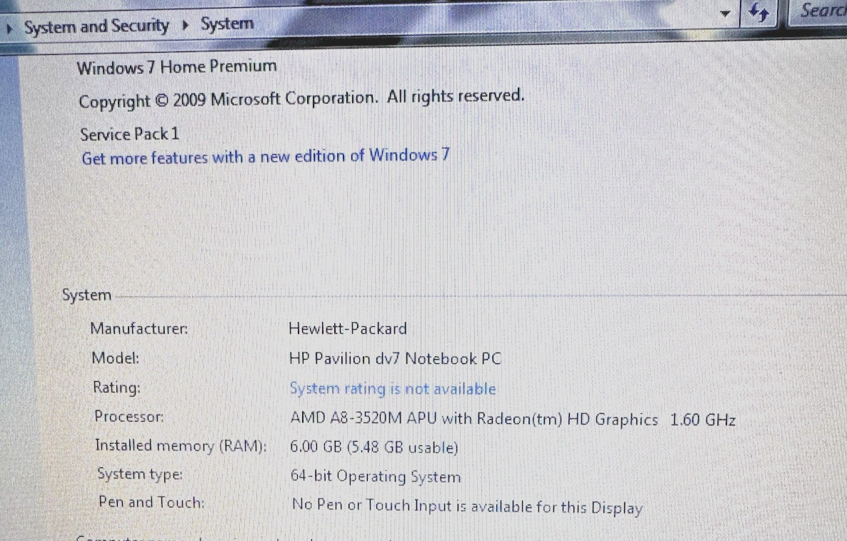 HP DV7- 6c23ci 17.3″ Notebook 6GB RAM AMD A8-3520M with Radeon HD 1.60GHz