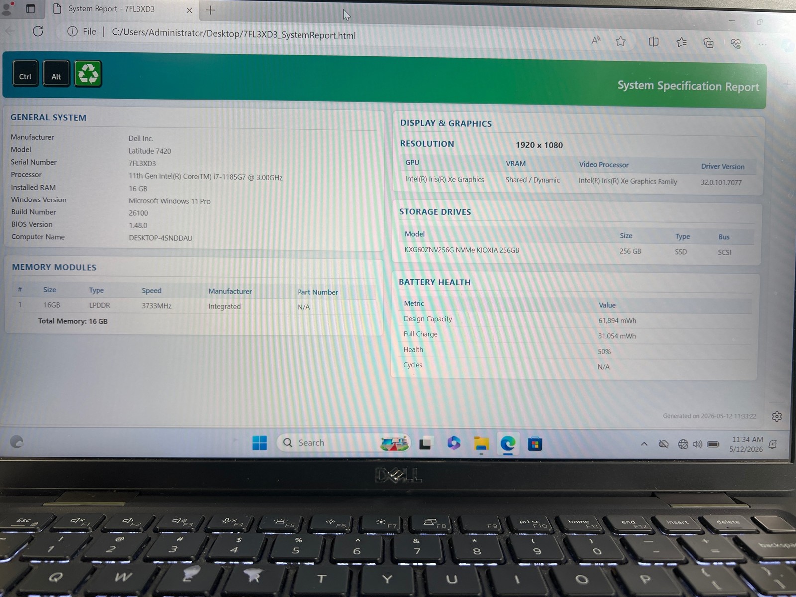 Dell Latitude 7420 Intel Core i7-1185G7 @ 3.00GHz 16 GB 256GB SSD 14″