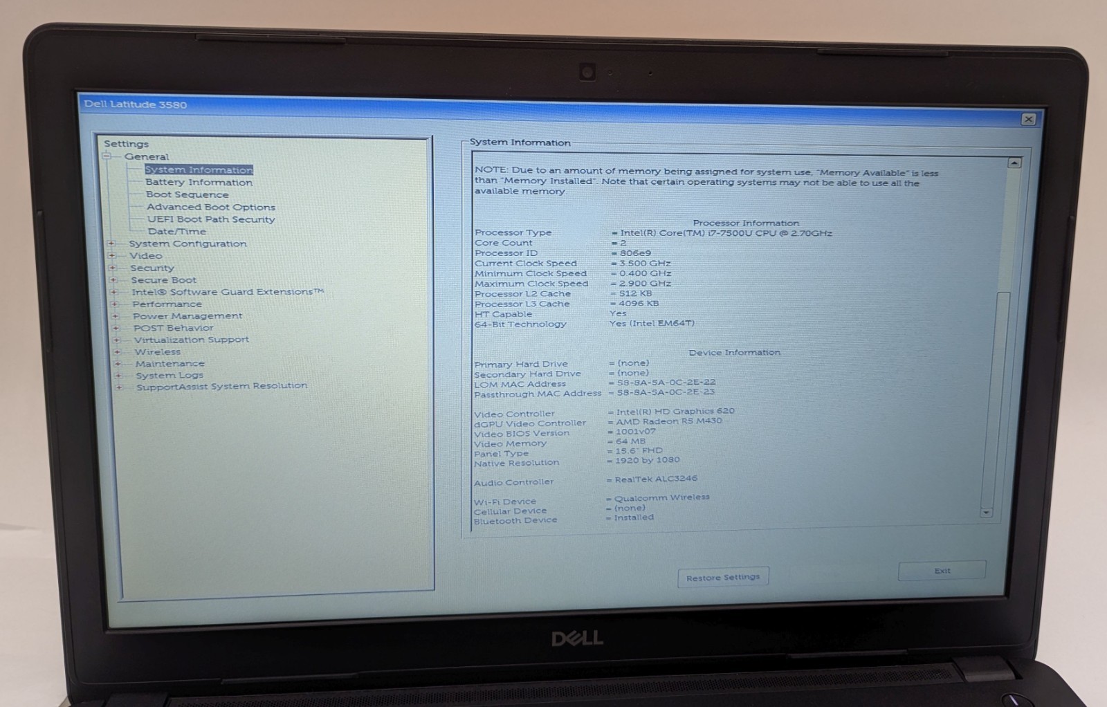 Incomplete Dell Latitude 3580 15.6″ Laptop i7-7500U 2.70GHz 8GB RAM AMD – *READ*