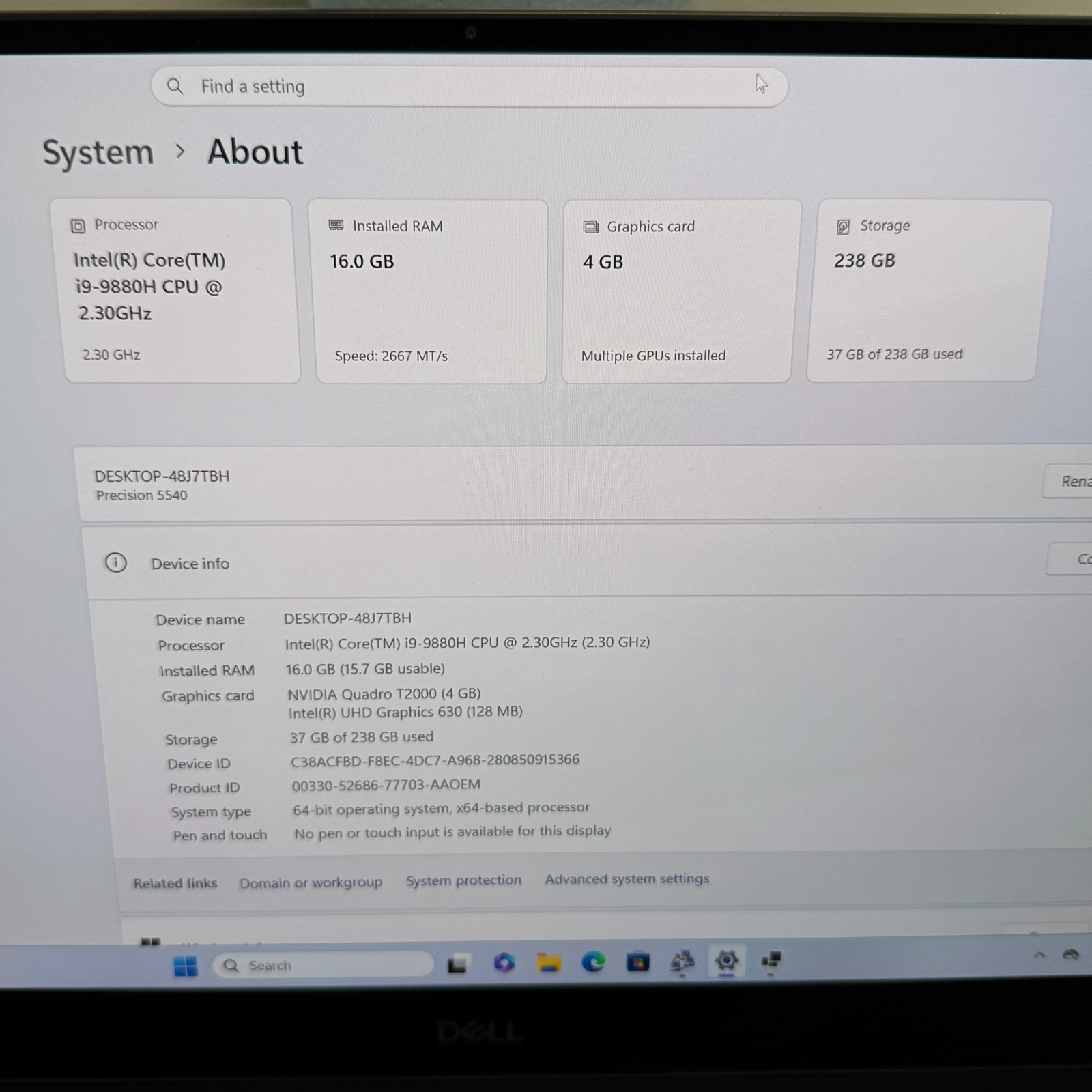 Dell Precision 5540 i9-9880H Quadro T2000 16GB RAM 256GB SSD Win11 Pro Laptop