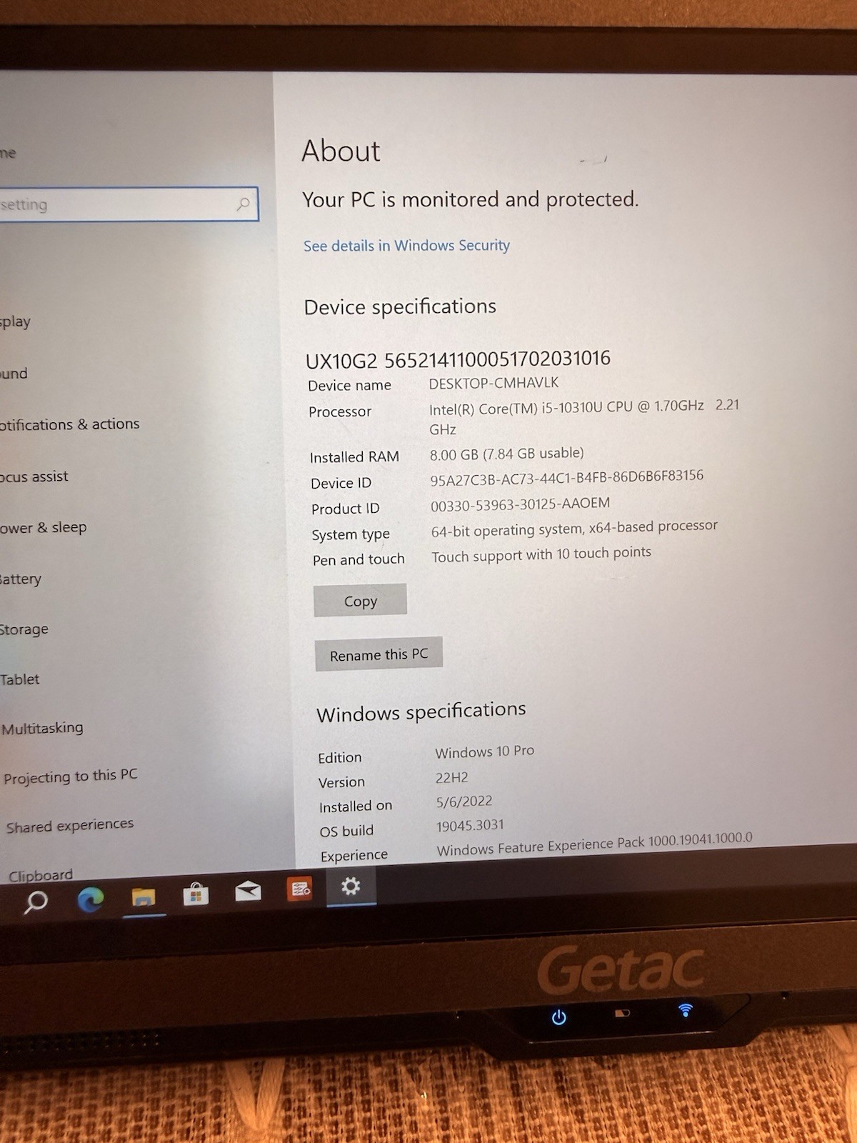 Getac UX10 G2 Rugged Tablet 10.1″ i5-10310U 1.70GHz 512GB 8GB Win10 Pro