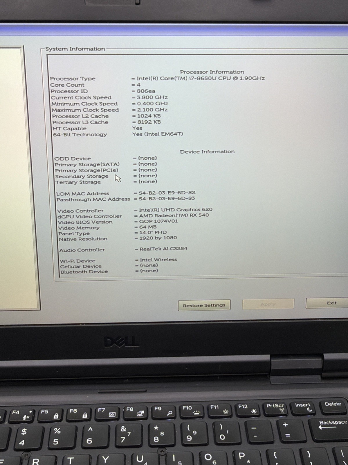 Dell Latitude 5424 Rugged i7-8650U 16GB RAM No SSD No Battery Laptop