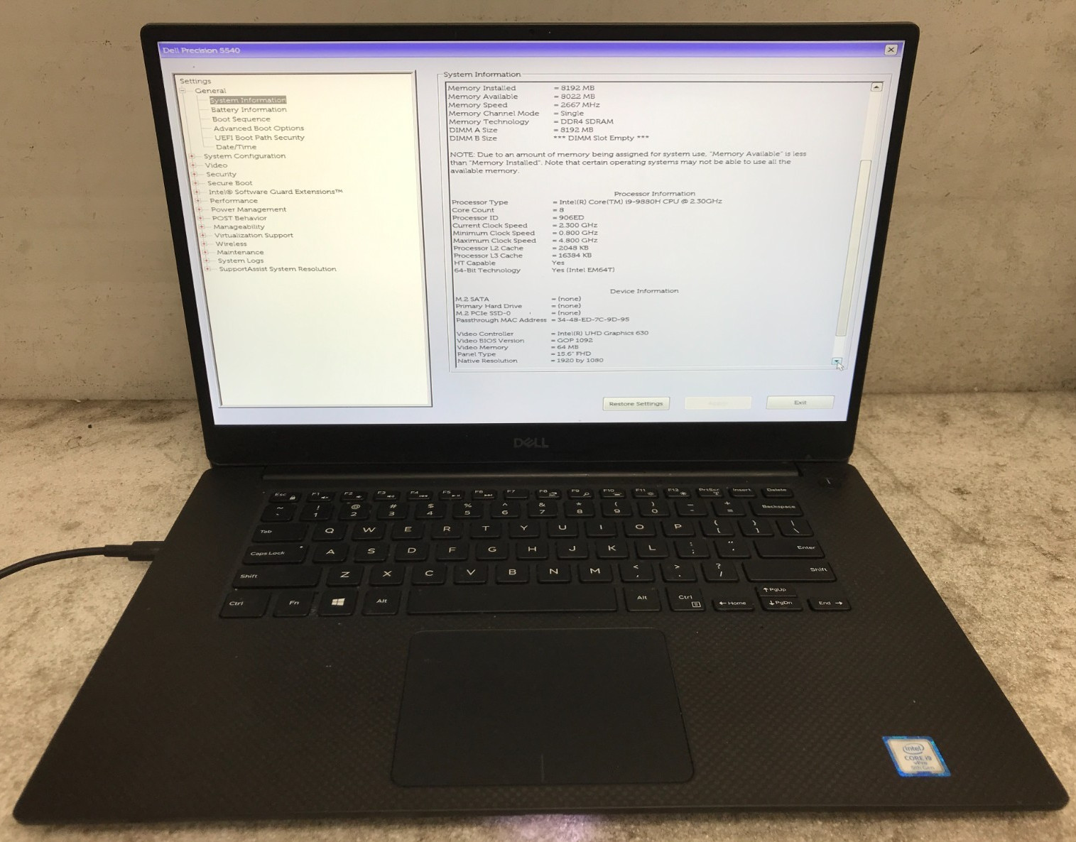 Dell Precision 5540 / Intel Core i9-9880H 2.30GHz / 8GB RAM / No SSD