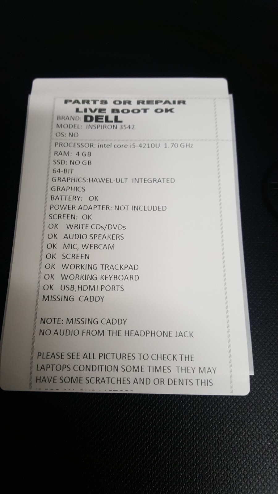 PARTS/REPAIR Dell Inspiron 3542 Intel Core i5-4210U MISSING CADY(read The Label)