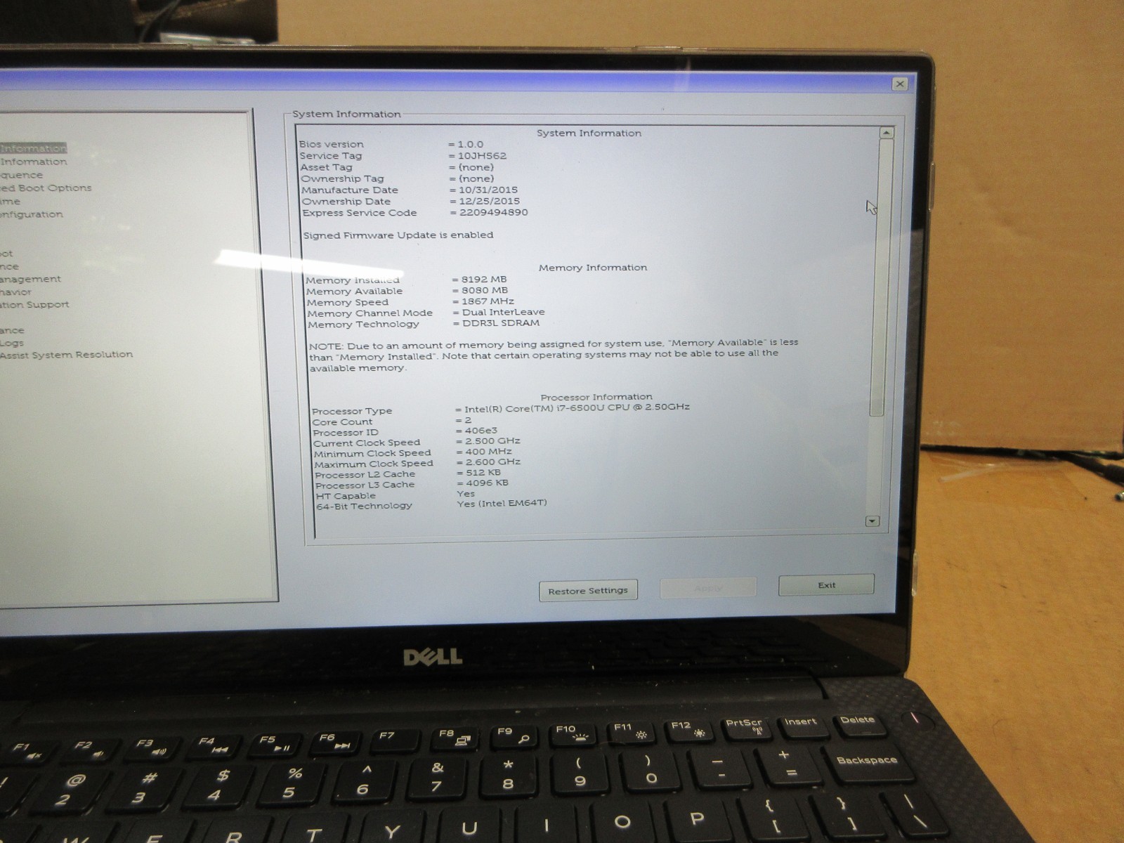 Dell XPS 13 9350 13.3″QHD+ 3200 X 1800 2.5GHz i7-6500U 8GB RAM 256GB SSD No O/S